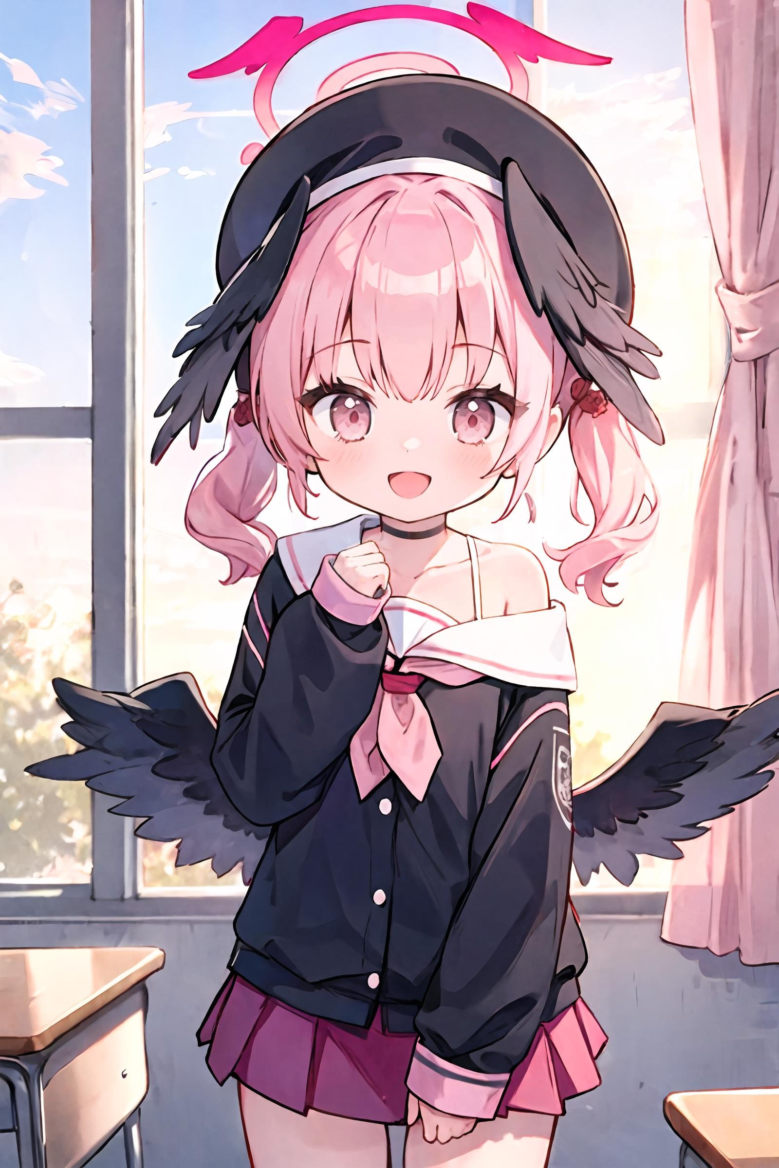 1girl, koharu \(blue archive\), twintails, halo, beret, head wings, low wings, pleated miniskirt, sleeves past wrists, sailor shirt, pink neckerchief, off shoulder, standing, cowboy shot, looking at viewer, smile, open mouth, sunset, classroom, window, backlighting, depth of field