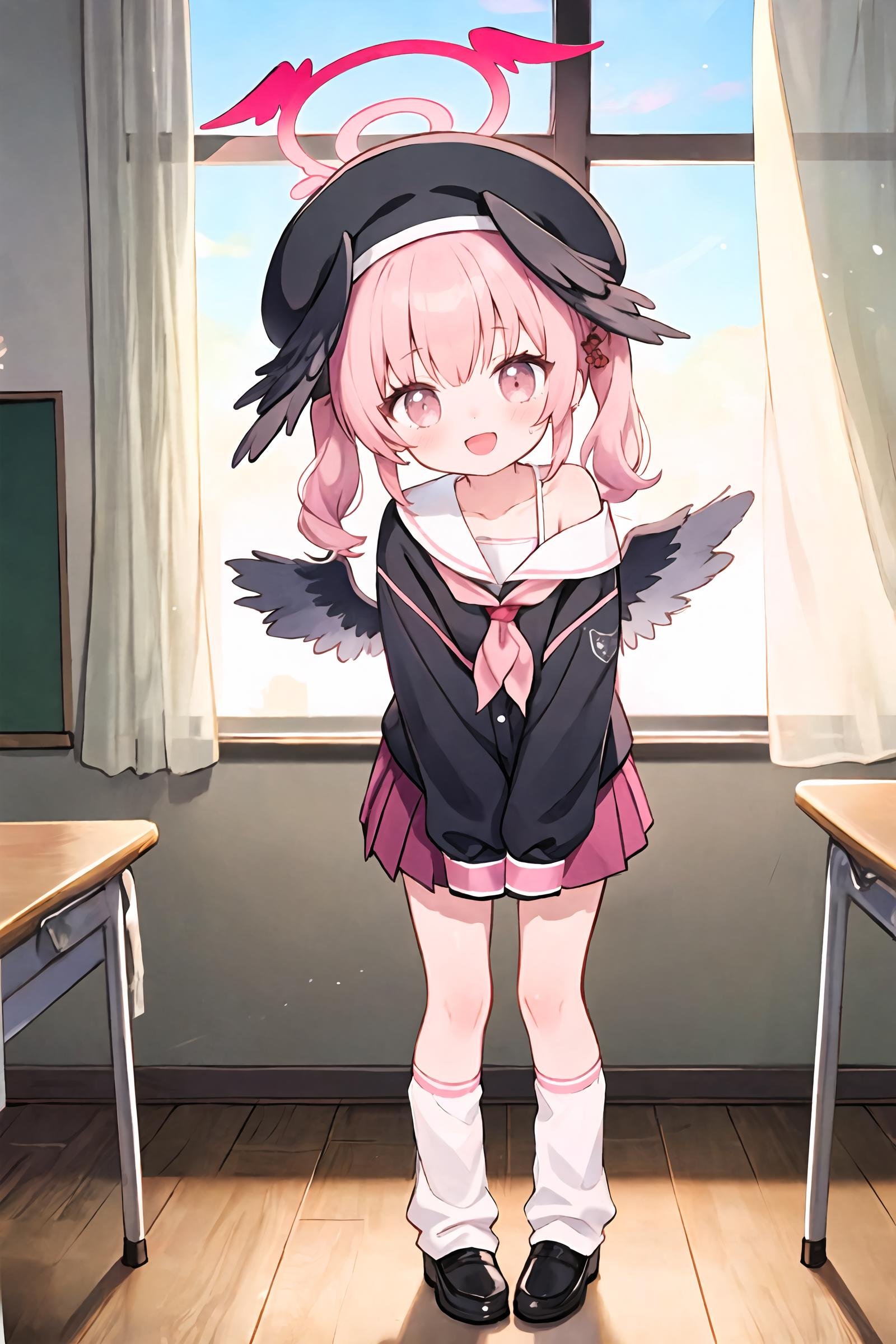 1girl, koharu \(blue archive\), twintails, halo, beret, head wings, low wings, pleated miniskirt, sleeves past wrists, sailor shirt, pink neckerchief, off shoulder, loose socks, loafers, standing, full body, looking at viewer, smile, open mouth, sunset, classroom, window, backlighting, depth of field