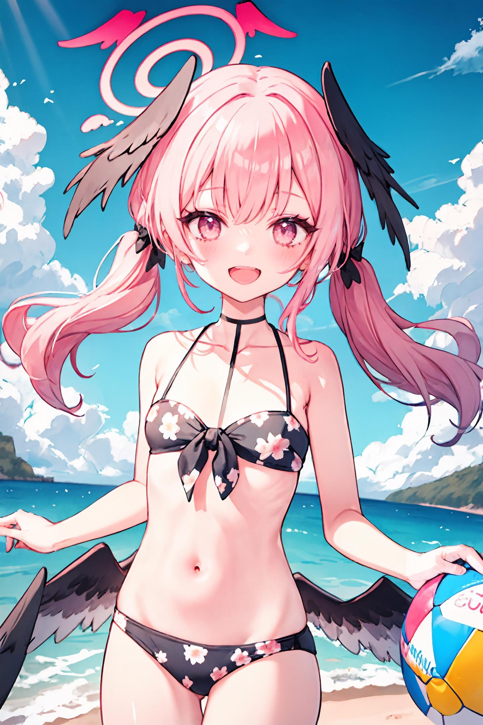 1girl, koharu \(blue archive\), twintails, halo, head wings, hair bow, low wings, floral print bikini, bodypaint, flat chest, holding beachball, cowboy shot,  beach, ocean, smile, open mouth, depth of field