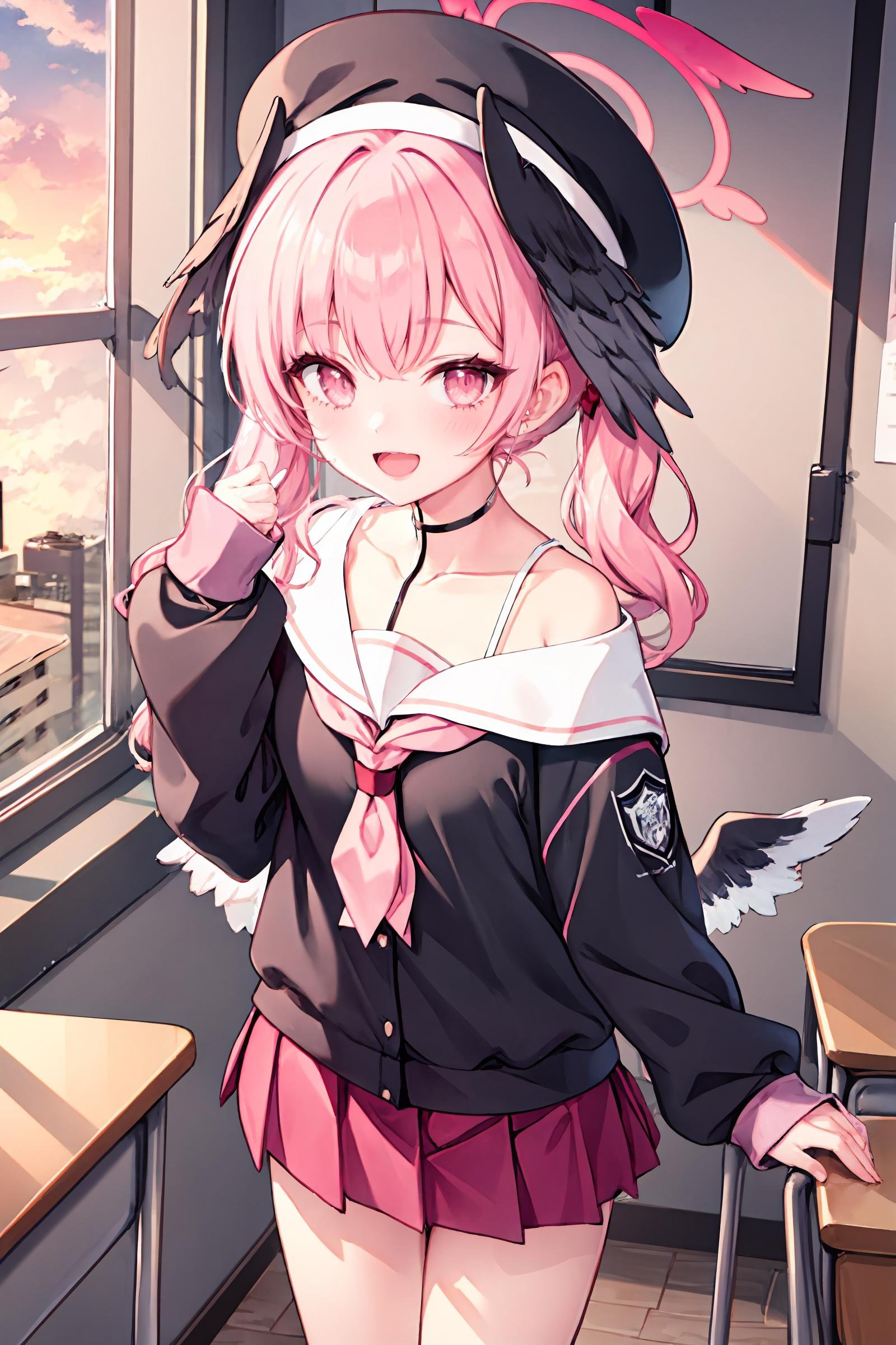 1girl, koharu \(blue archive\), twintails, halo, beret, head wings, low wings, pleated miniskirt, sleeves past wrists, sailor shirt, pink neckerchief, off shoulder, standing, cowboy shot, looking at viewer, smile, open mouth, sunset, classroom, window, backlighting, depth of field