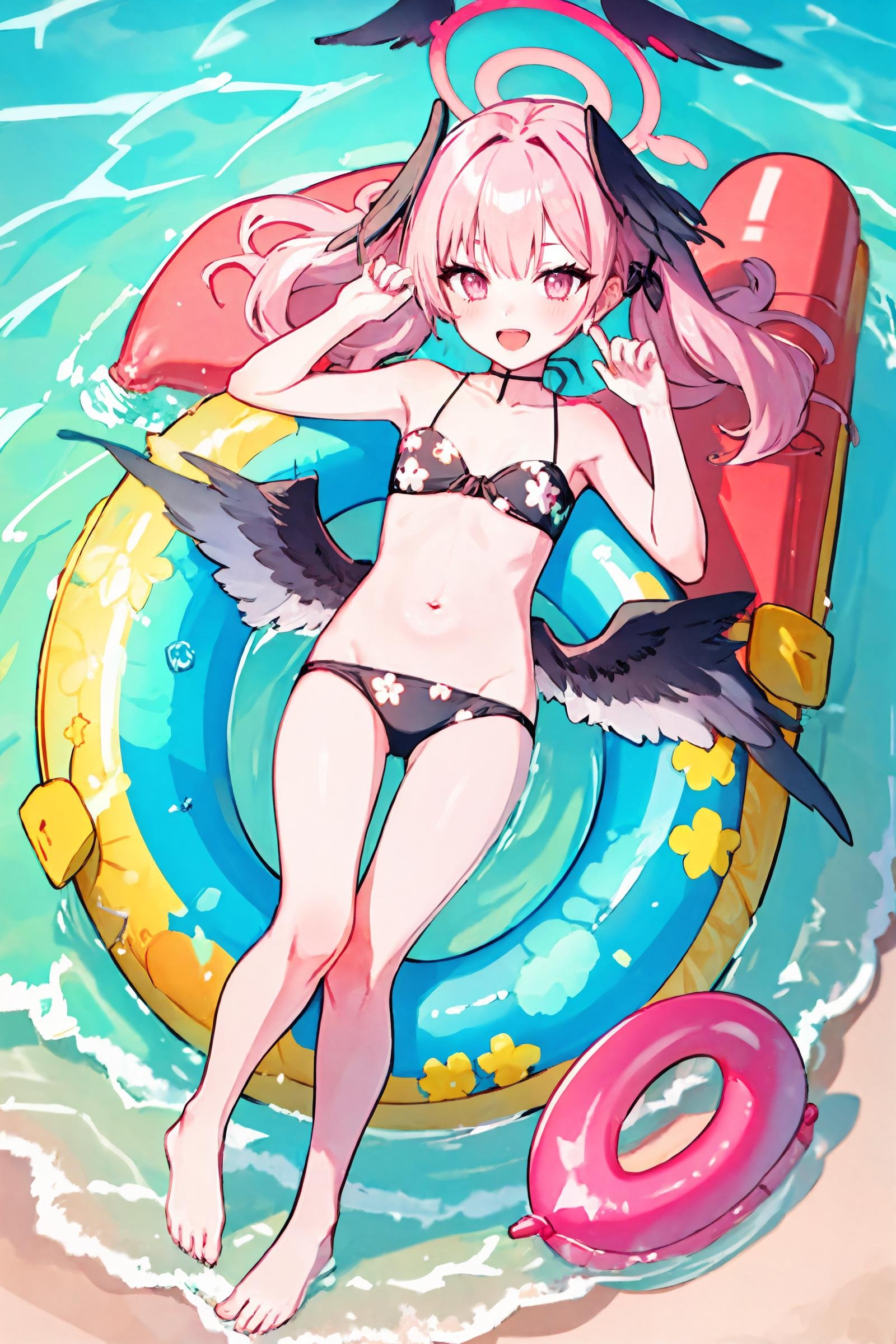 1girl, koharu \(blue archive\), twintails, halo, head wings, hair bow, low wings, floral print bikini, flat chest, barefoot, bodypaint, full body, innertube, floating, ocean, from above, lying, looking looking at viewer, smile, open mouth