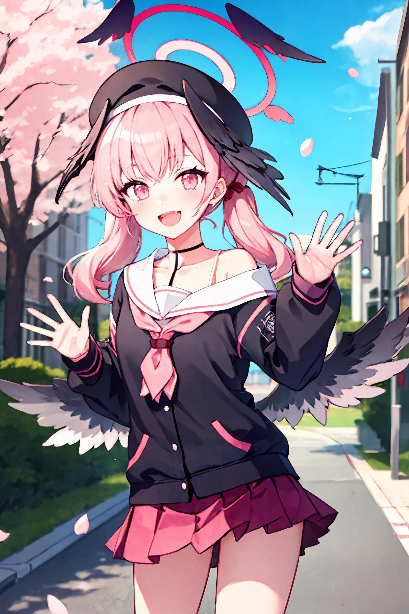 1girl, koharu \(blue archive\), twintails, halo, beret, head wings, low wings, pleated miniskirt, sleeves past wrists, sailor shirt, pink neckerchief, off shoulder, standing, cowboy shot, smile, open mouth,  looking at viewer, waving, outdoors, street, cherry blossoms, petals, depth of field