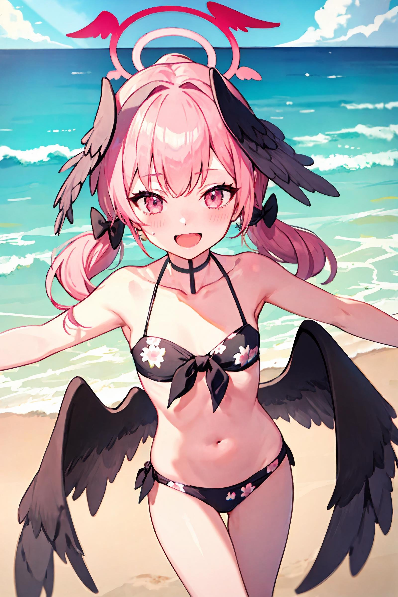 1girl, koharu \(blue archive\), twintails, halo, head wings, hair bow, low wings, floral print bikini, bodypaint, dancing, flat chest, cowboy shot,  beach, ocean, smile, open mouth, depth of field