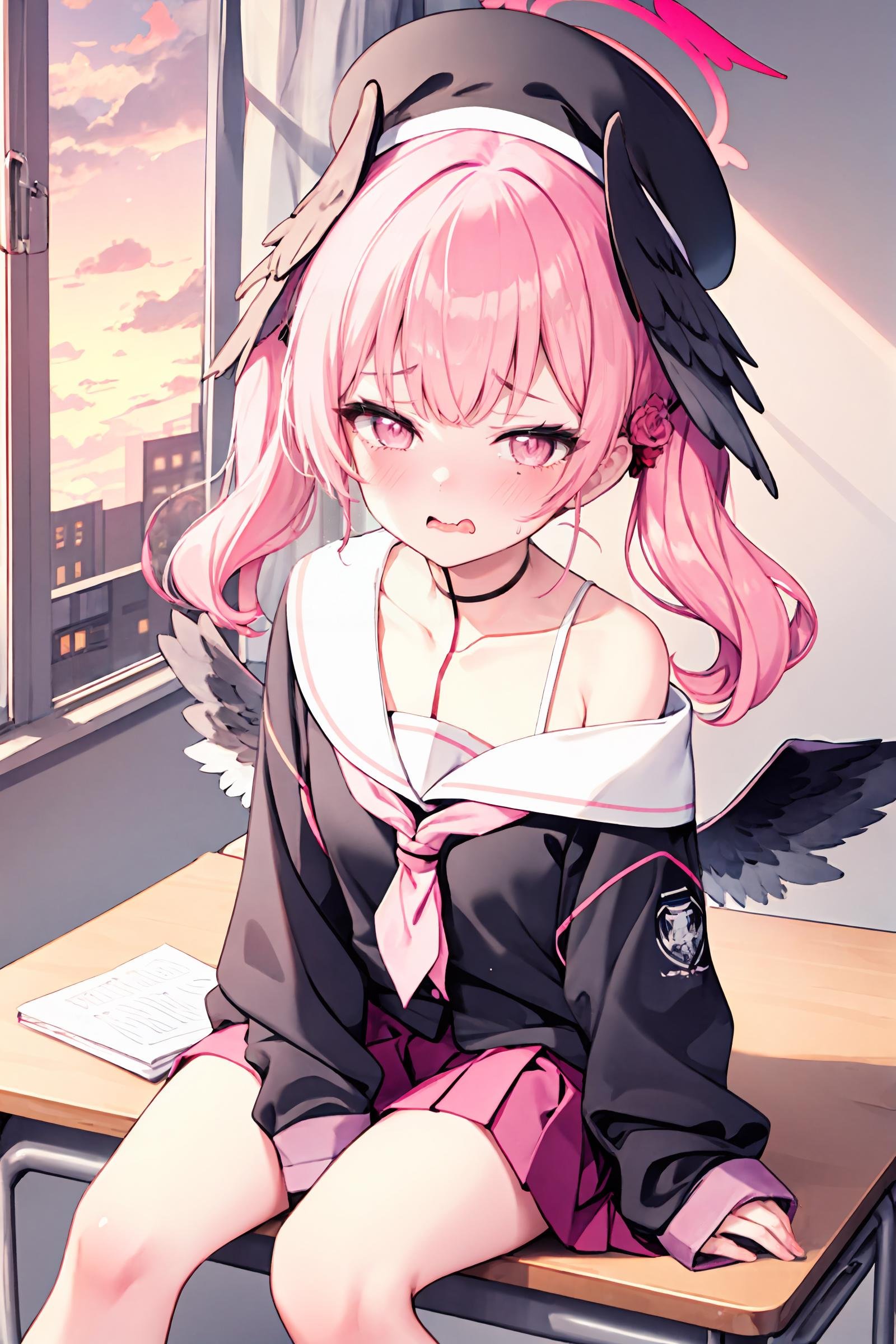 1girl, koharu \(blue archive\), twintails, halo, beret, head wings, low wings, pleated miniskirt, sleeves past wrists, sailor shirt, pink neckerchief, off shoulder, sitting on desk, looking at viewer, gasping, ecstasy, blush, wavy mouth, sunset, classroom, window, backlighting, depth of field, <lora:face-sensualface_type4:0.8>