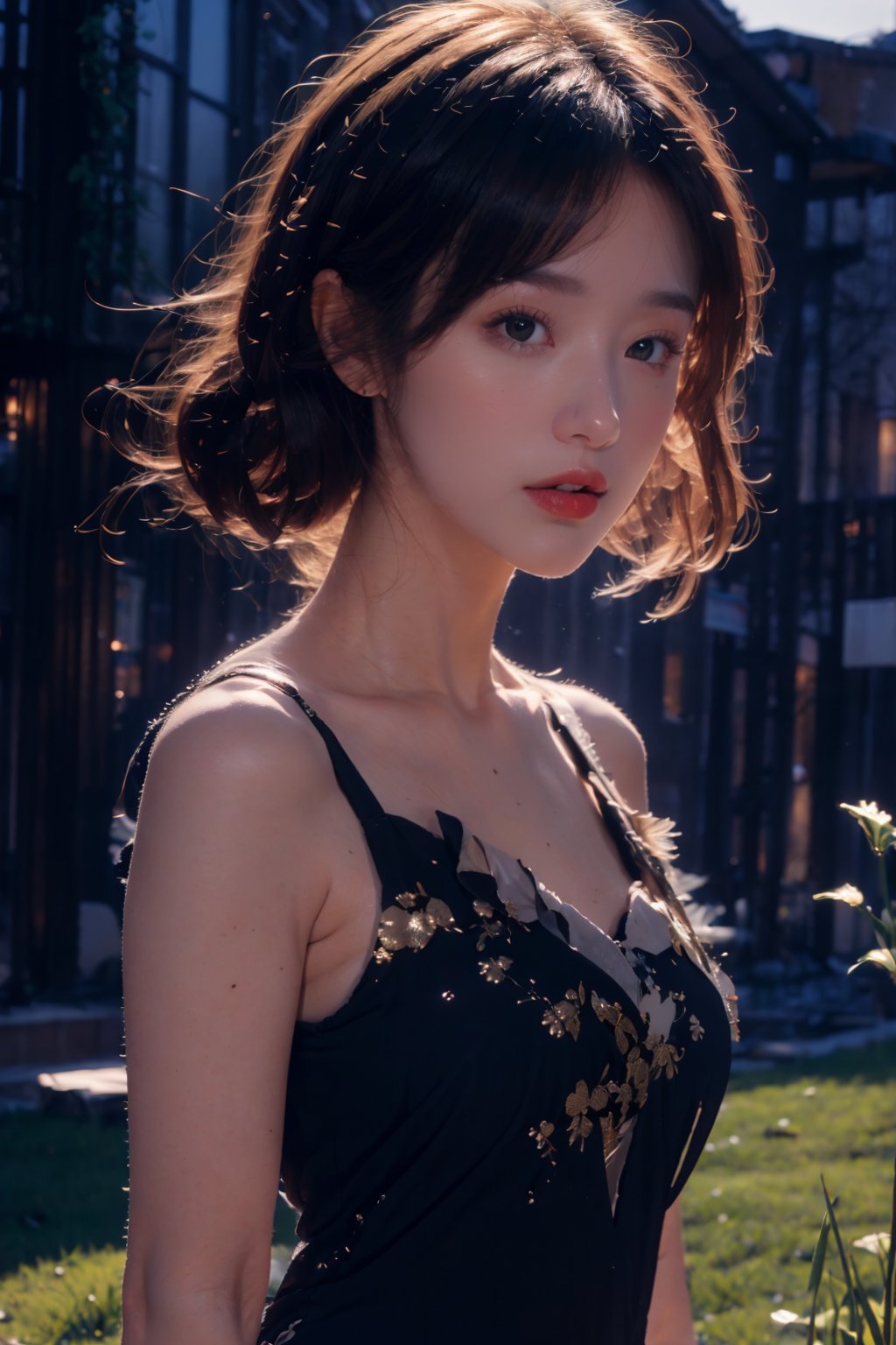 1girl, solo, dress, looking at viewer, long hair, blurry, brown hair, outdoors, blurry background, bare shoulders, upper body, realistic, grass, green dress, parted lips, day, lips, black hair, brown eyes, off shoulder,dream_girl
