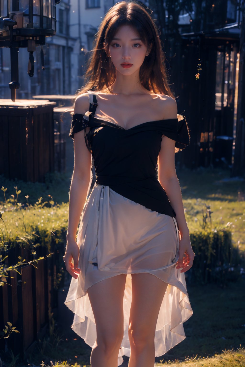 1girl, solo, dress, looking at viewer, long hair, blurry, brown hair, outdoors, blurry background, bare shoulders, full body, realistic, grass, green dress, parted lips, day, lips, black hair, brown eyes, off shoulder,dream_girl