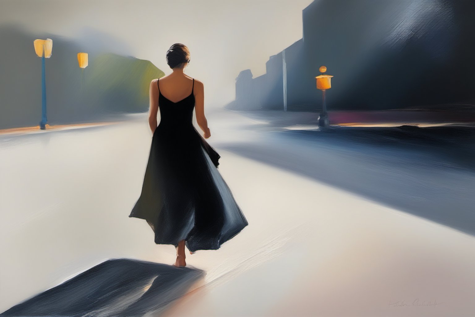  an woman in black dress walking away from the camera,full body, helen shulkin,HS style,Strong color contrast,oil painting,Helen Shulkin,