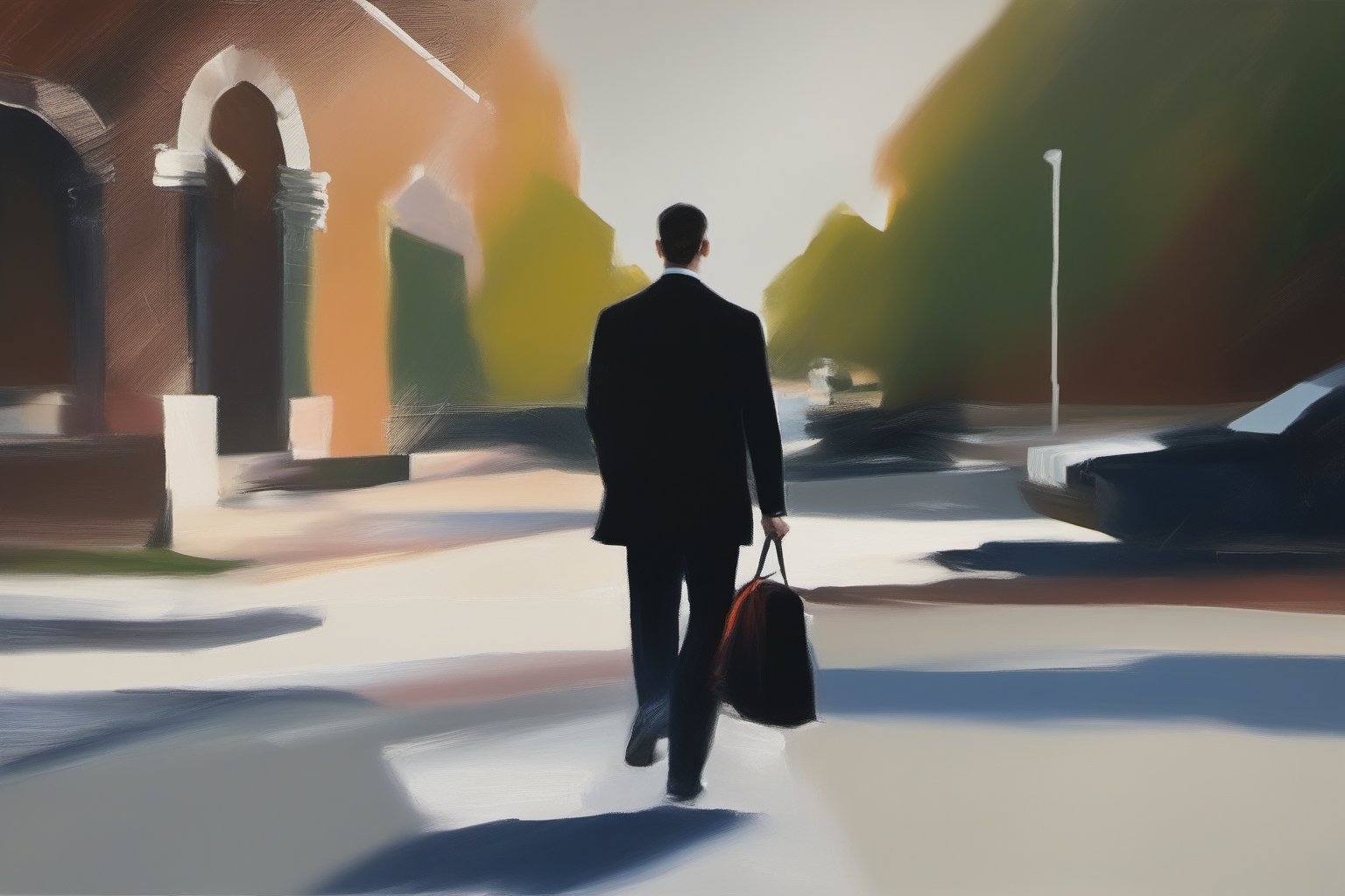  an man in black suit walking away from the camera,full body, helen shulkin,HS style,Strong color contrast,oil painting,Helen Shulkin,