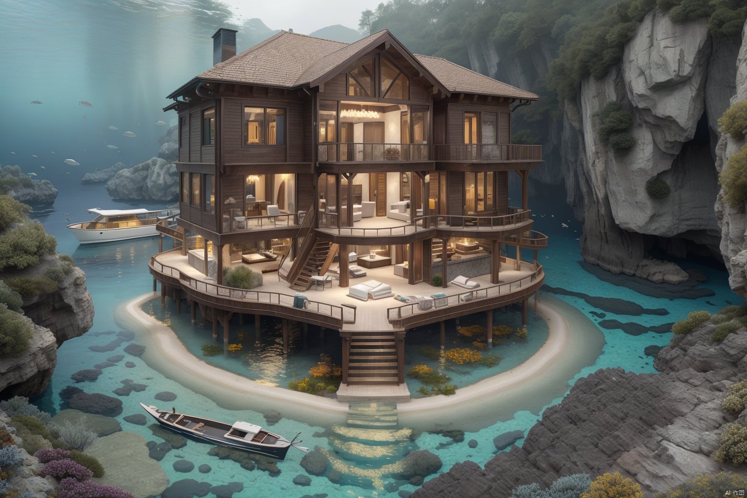  submarine villa,villa,villa at the bottom of the sea,blue water around the villa,amazing,ray tracing,best quality,extreme detail,masterpiece,UHD,16k,wallpaper,poster,film texture,award-winning,(best quality), ((masterpiece)), (an extremely delicate and beautiful), original, extremely detailed wallpaper