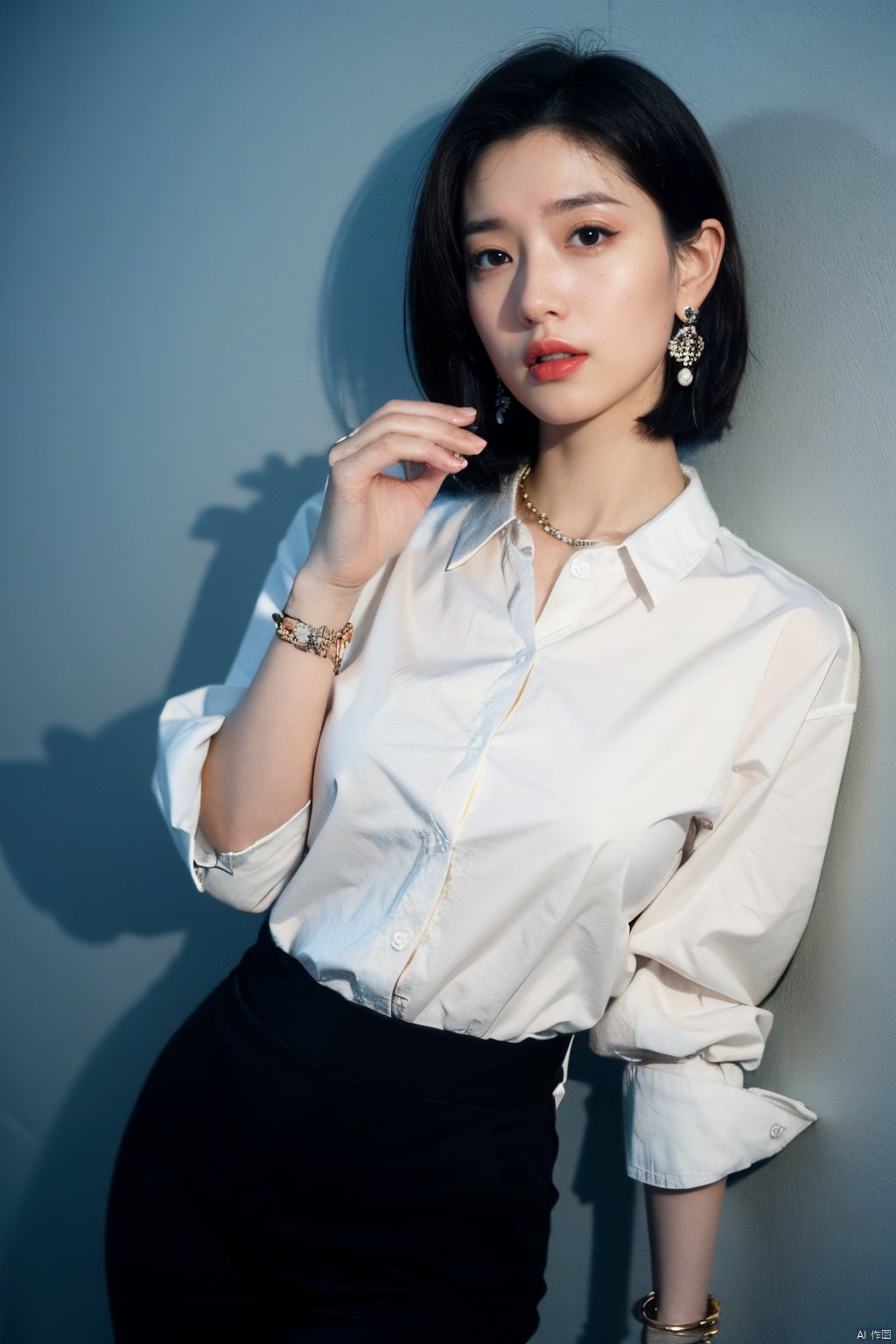  1girl, jewelry, earrings, solo, lipstick, black_hair, short_hair, makeup, red_lips,shirt,fancy brooch,pants, bracelet, black_pants, cowboy_shot, Realistic, masterpiece, highest quality, high resolution,dundar,moyou, dyzgqzm, qingsha,