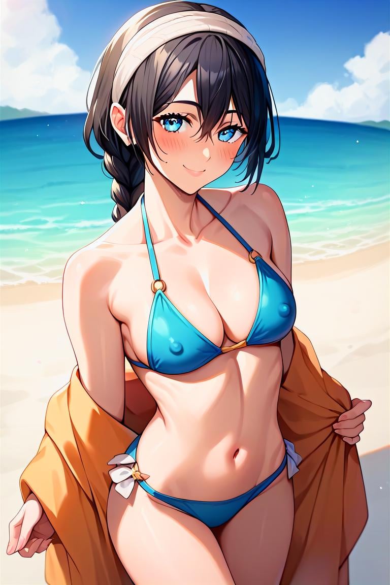 score_9, score_8_up, score_7_up, score_6_up, score_5_up, score_4_up, rating_questionable, , source_anime, digital illustration, pixiv, fanbox, uncensored, , BREAK, official art,1girl, solo, female, amanai riko, black hair, braid, headband, blue eyes, bikini, beach, erect nipples, beach, ocean, , blush, light smile, outdoors, cowboy shot, looking at viewer, colorful, vivid   <lora:Amanai_Riko_Pony2-10:0.8>