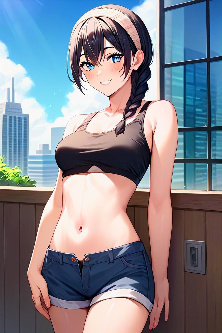 score_9, score_8_up, score_7_up, score_6_up, score_5_up, score_4_up, rating_questionable, , source_anime, digital illustration, pixiv, fanbox, uncensored, , BREAK, official art,1girl, solo, female, amanai riko, black hair, braid, headband, blue eyes, crop top, shorts, navel, city, buildings, , blush, light smile, outdoors, cowboy shot, looking at viewer, colorful, vivid   <lora:Amanai_Riko_Pony2-10:0.8>