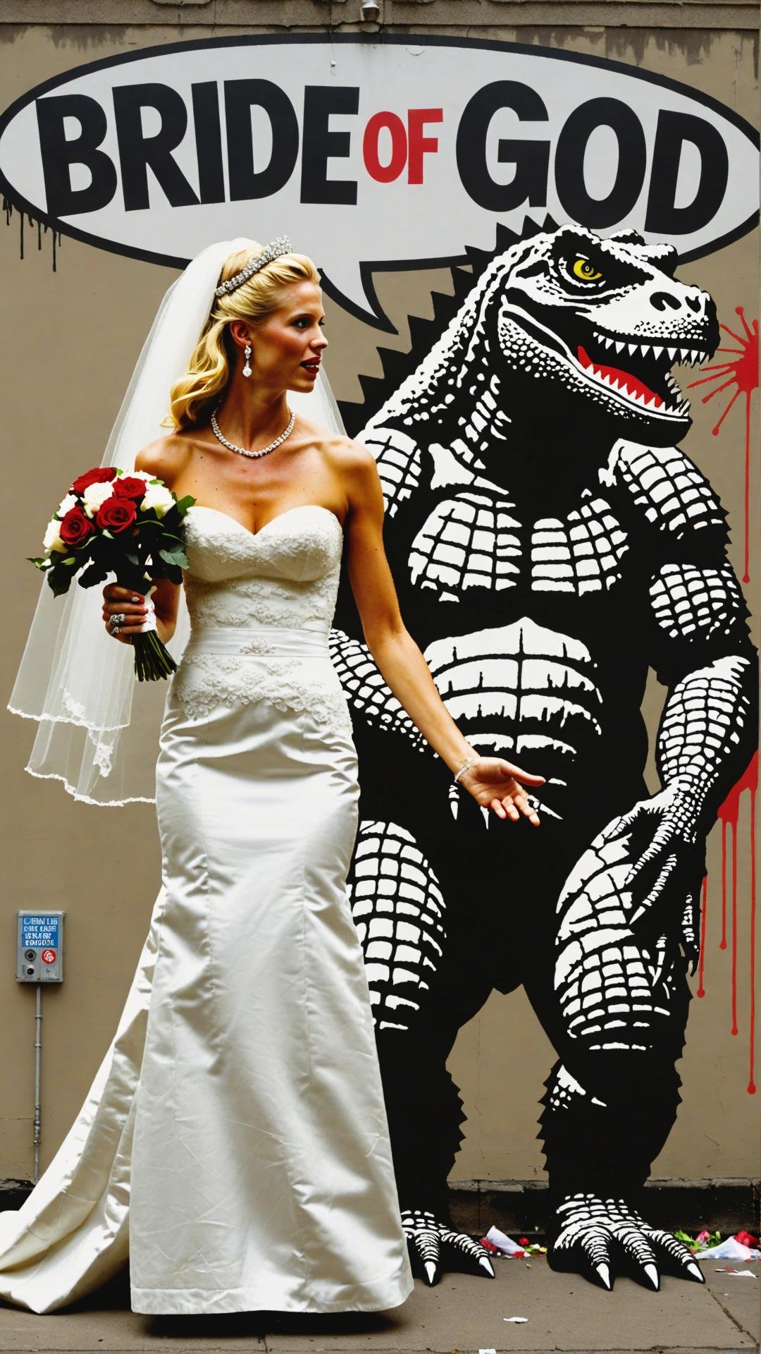 Banksy graffiti of blonde supermodel bride zilla and Godzilla getting married with text bubble that says "bride of god"