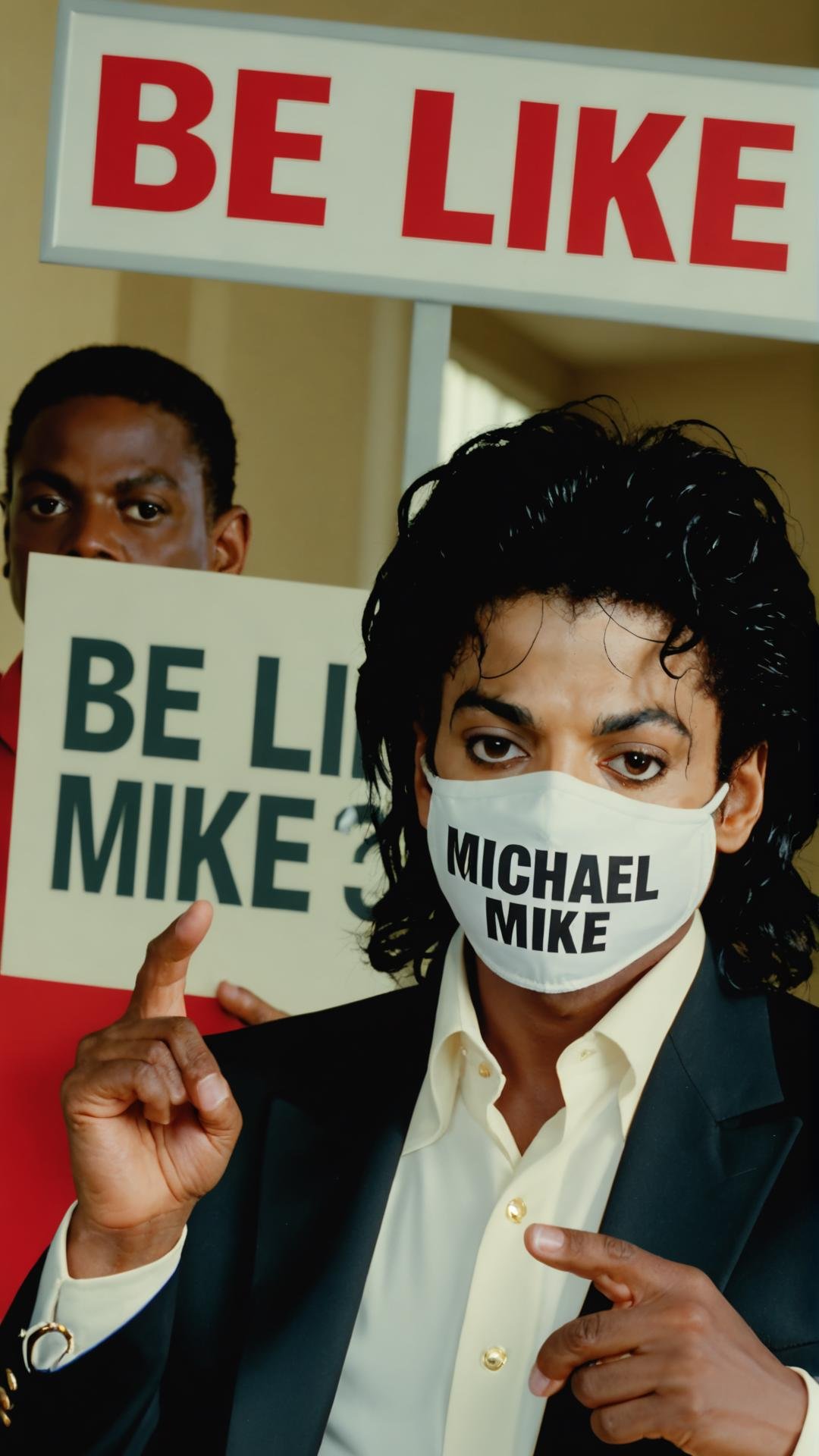 Photo of michael jackson wearing covid mask commercial with a sign that says "be like mike".