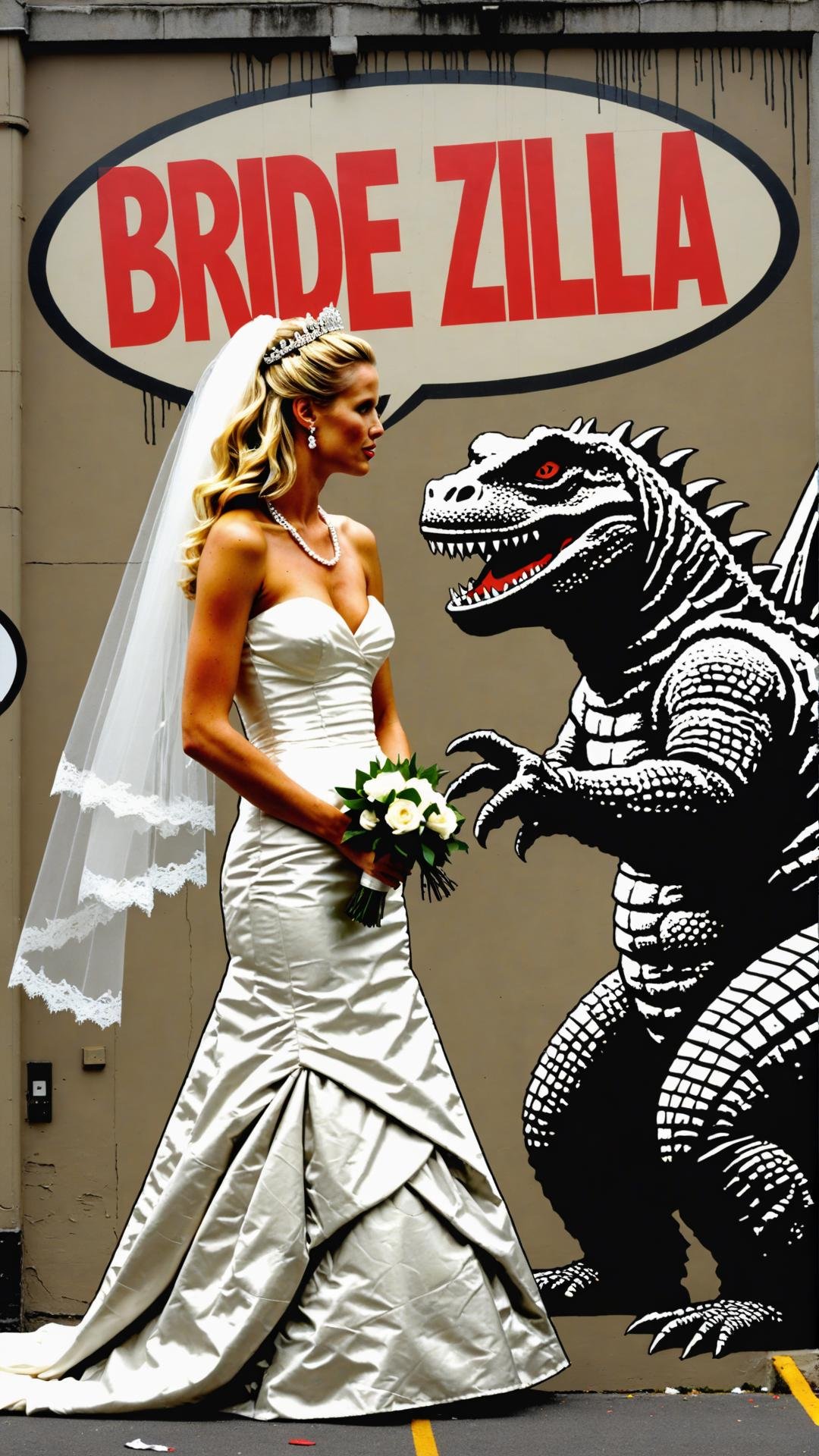 Banksy graffiti of blonde supermodel bride zilla and Godzilla getting married with text bubble that says "bride zilla"
