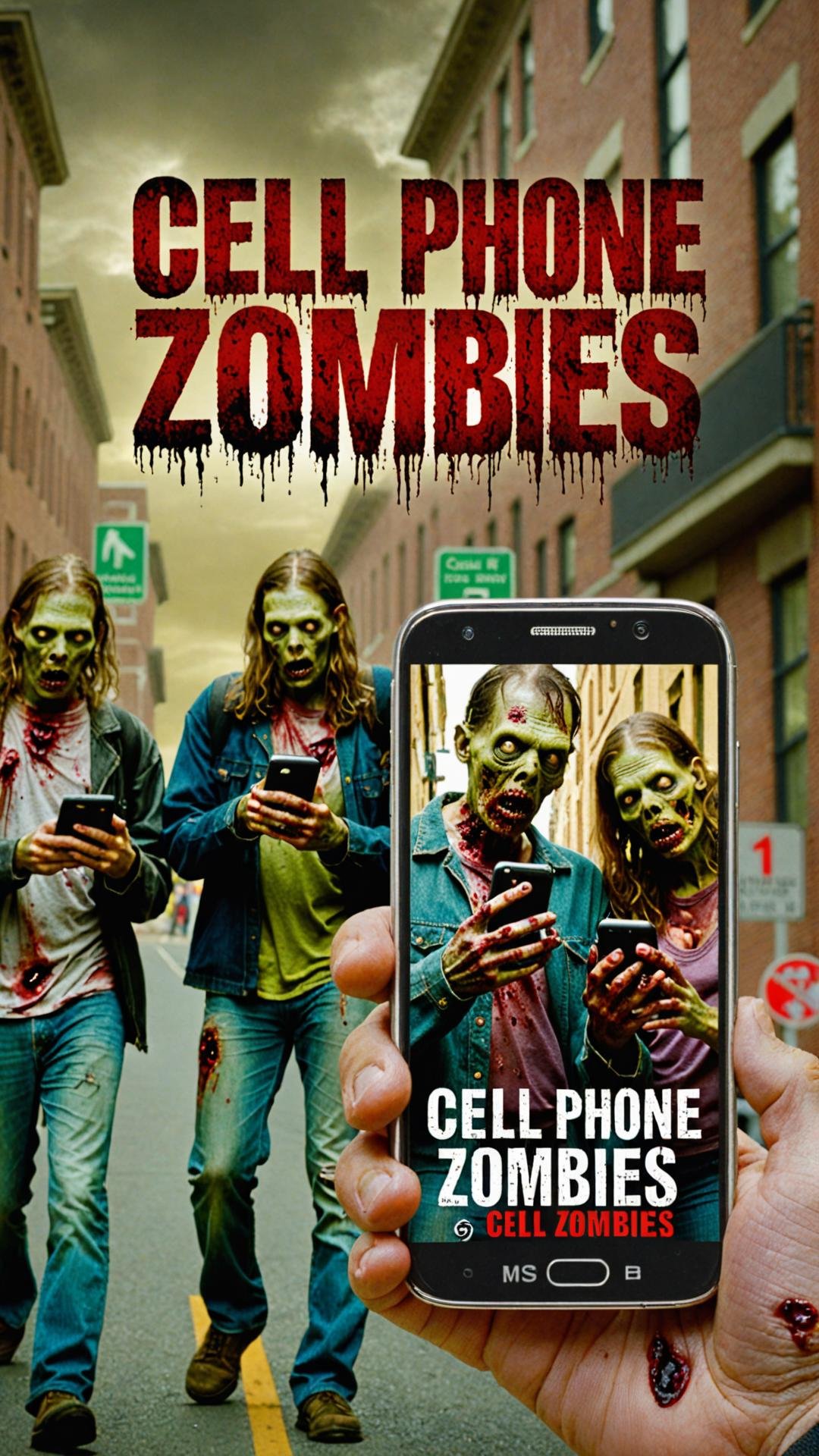 Photo of zombies looking at cellphone in street with text that says "cell phone zombies" 