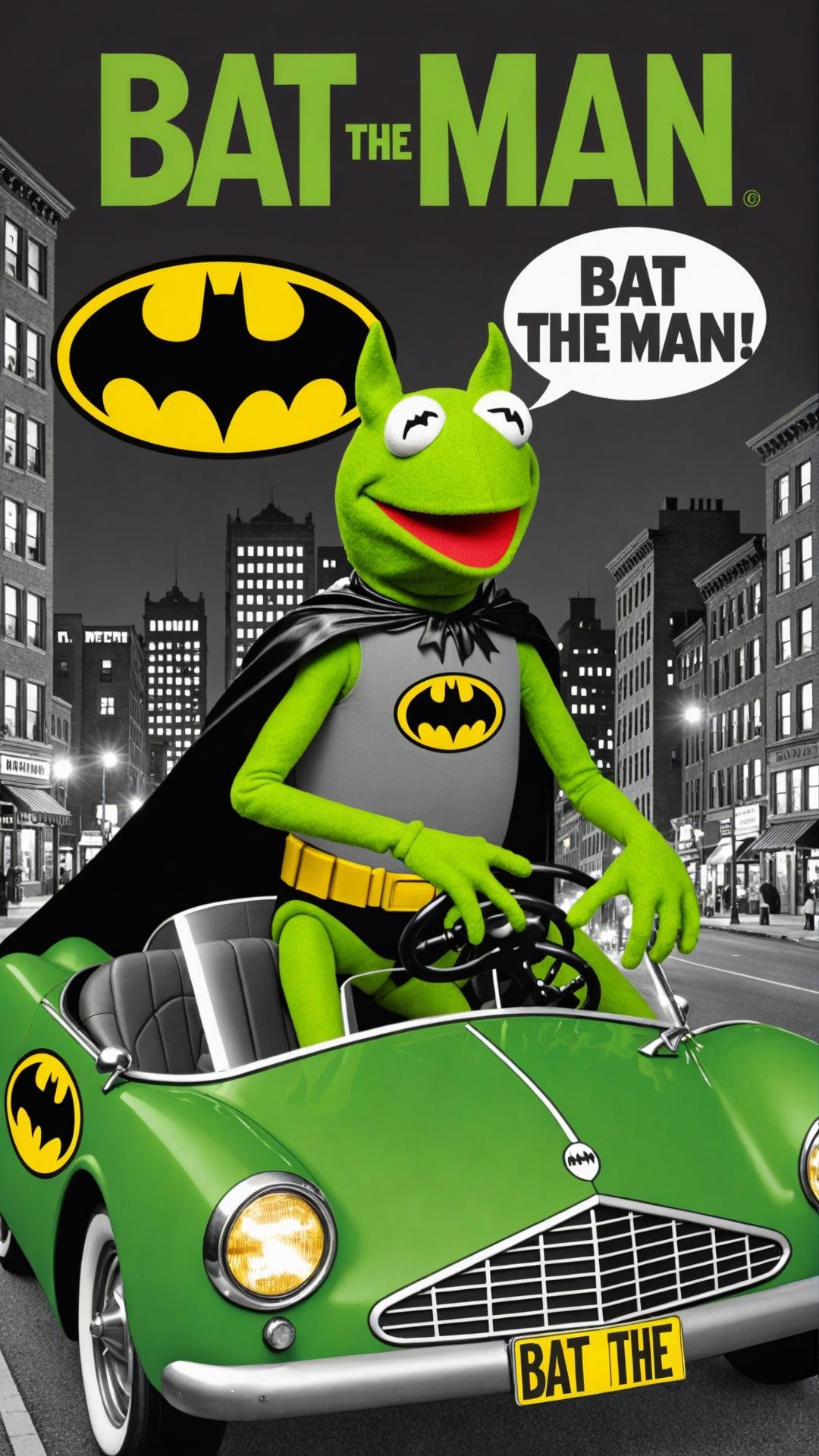 Black and white and green Photo of Kermit the frog dressed as batman driving batmobile in city at night with text bubble that says "BAT the MAN"