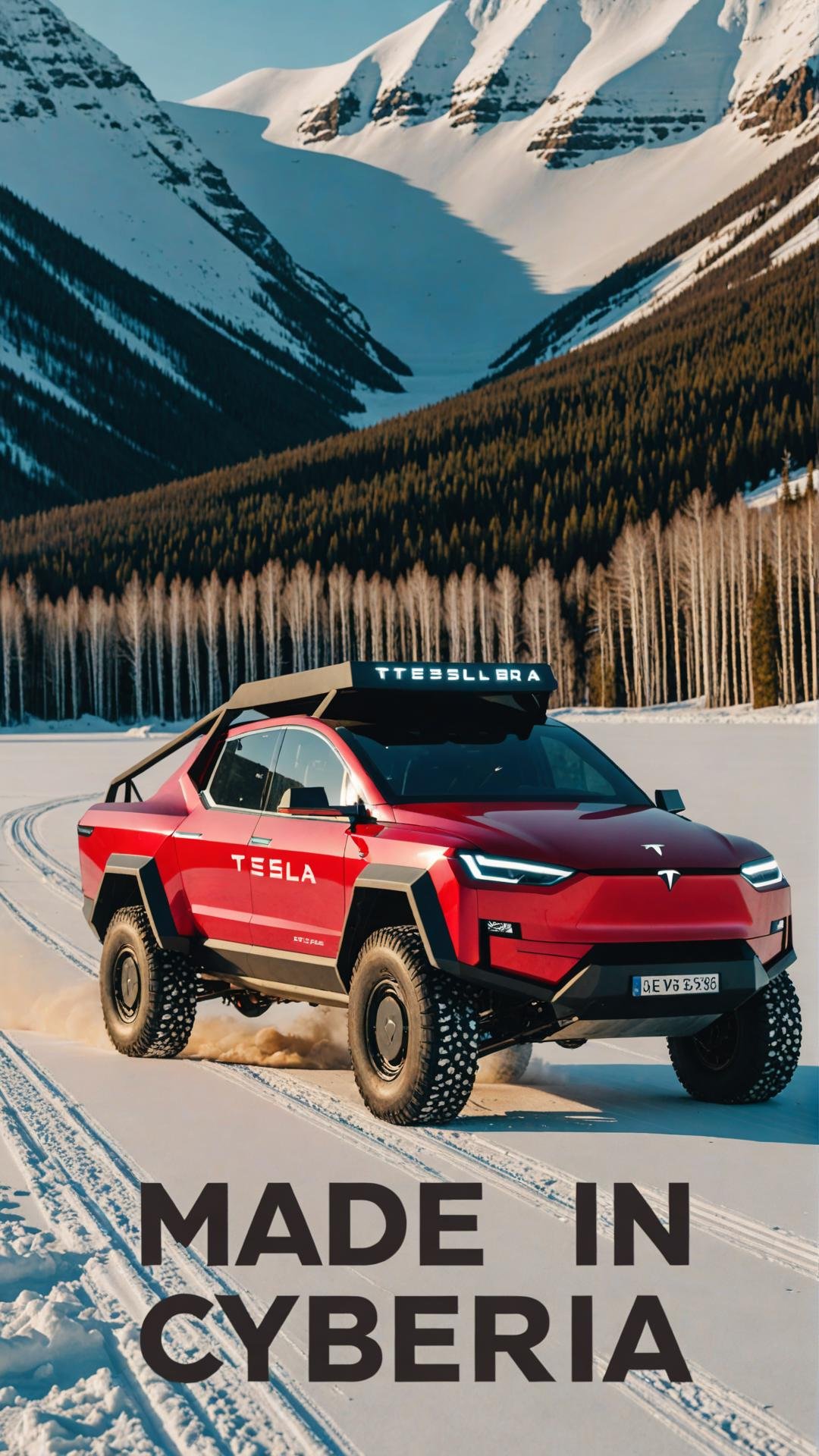 Photo of Tesla Cybertruck in Siberia with text that says "made in Cyberia"