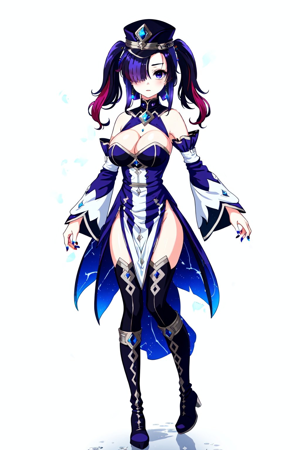 AonoNemo, 1girl, solo, long hair, twintails,  breasts, looking at viewer, blue eyes, large breasts, simple background, thighhighs, hat, white background, dress, cleavage, bare shoulders, jewelry,  standing, purple eyes, full body, purple hair, multicolored hair, earrings, boots, detached sleeves, nail polish, hair over one eye, 

