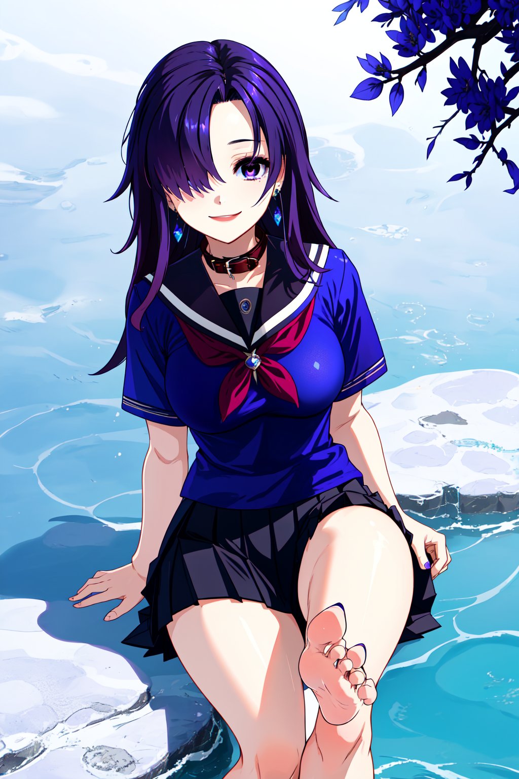 AonoNemo, purple hair, long hair, hair over one eye, purple eyes, smile, long breasts, school uniform, blue shirt, short sleeves, white salior collar, pleated skirt, earring, alone, female feet size 36