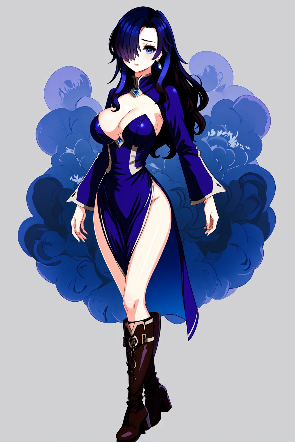 AonoNemo, dark blue hair, long hair, hair over one eye, blue eyes, earring, large breasts, short purple dress, tight fitting to the body and with open chest, brown boots, 1 model only