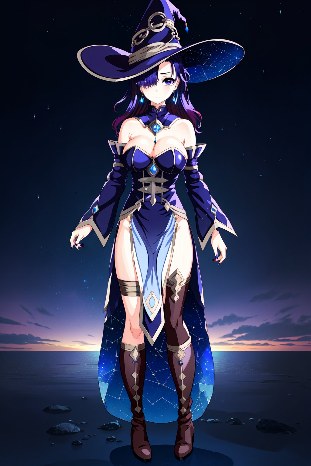 AonoNemo, 1girl, solo, long hair, breasts, looking at viewer, blue eyes, large breasts, simple background, thighhighs, hat, white background, dress, cleavage, bare shoulders, jewelry, closed mouth, standing, purple eyes, full body, purple hair, multicolored hair, earrings, boots, detached sleeves, nail polish, hair over one eye, witch hat, blue dress, brown footwear, pelvic curtain, arms at sides, witch, constellation, starry sky print

