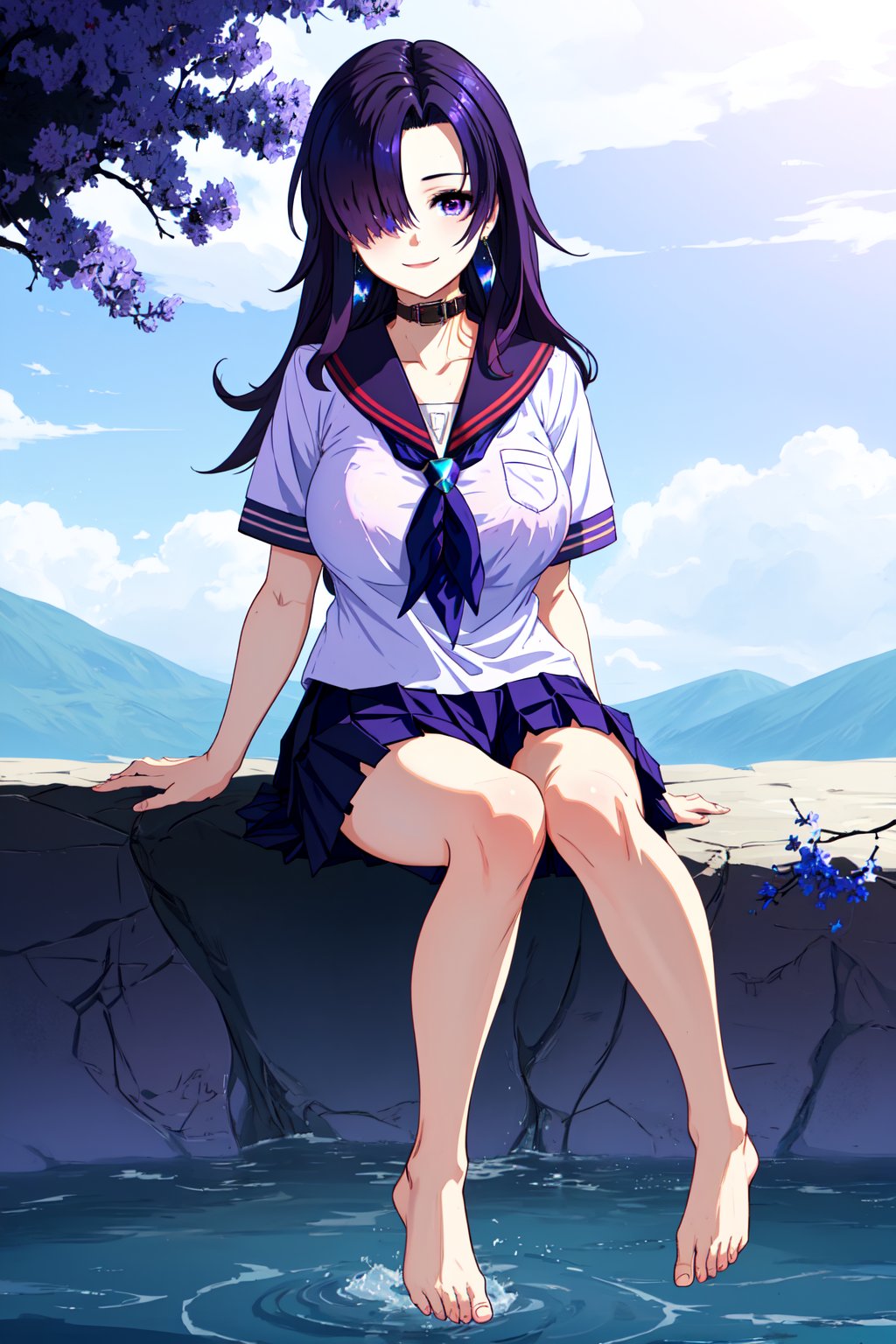 AonoNemo, purple hair, long hair, hair over one eye, purple eyes, smile, long breasts, school uniform, short sleeves, white salior collar, pleated skirt, earring, alone, female feet size 36