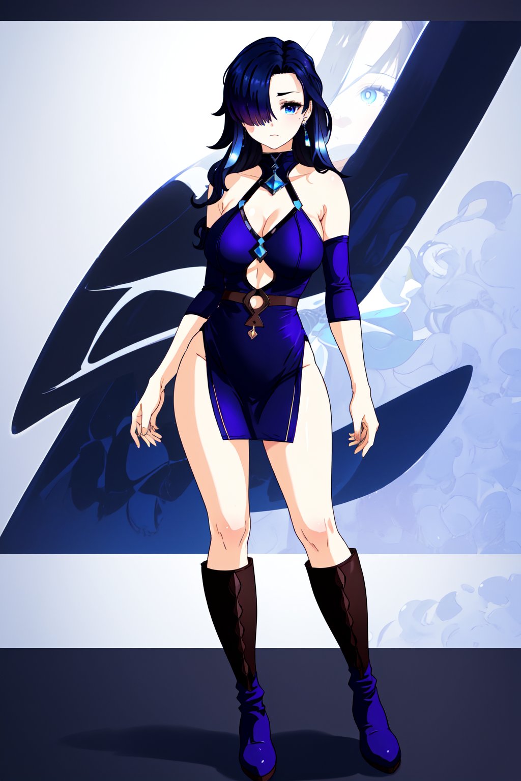 AonoNemo, dark blue hair, long hair, hair over one eye, blue eyes, earring, large breasts, short purple dress, tight fitting to the body and with open chest, brown boots, 1 model only