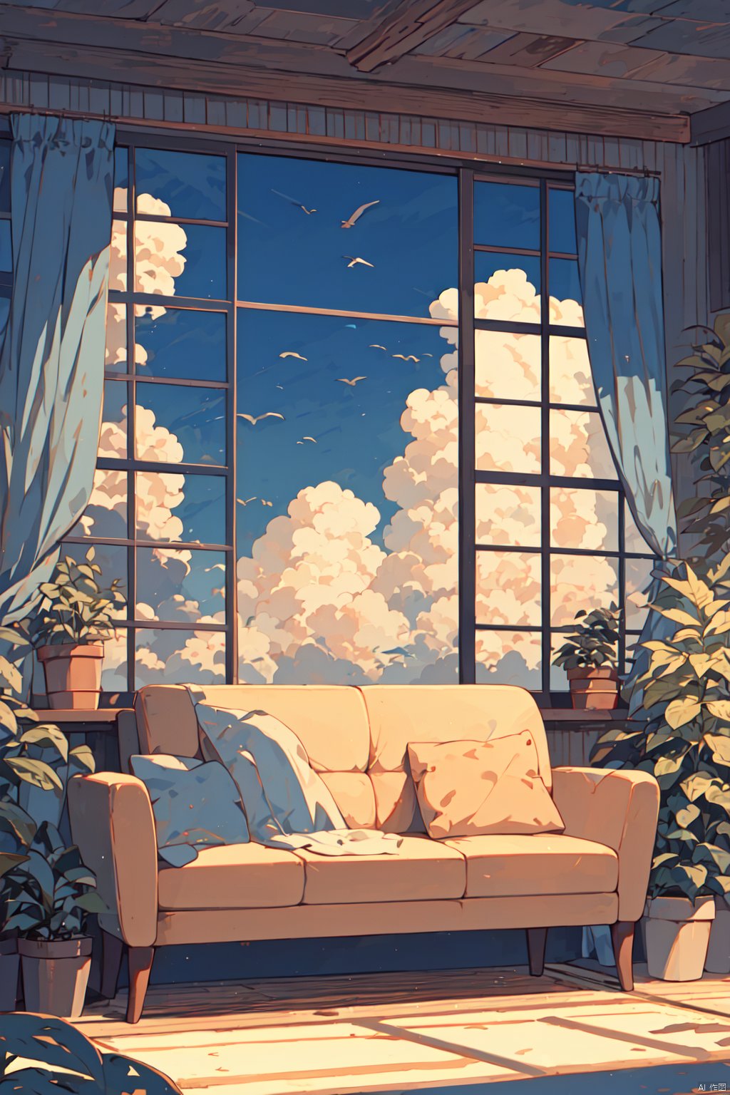 cloud, plant, sky, window, couch, no humans, indoors, day, potted plant, curtains, blue sky, scenery, bug, bird