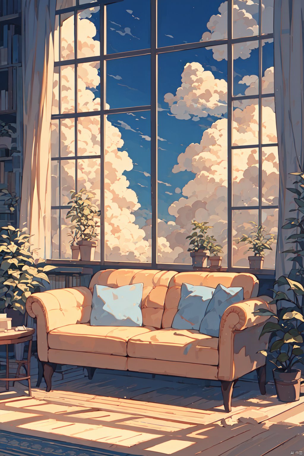  cloud, window, couch, sky, plant, indoors, scenery, no humans, day, curtains, potted plant, blue sky, pillow, table, cloudy sky, book