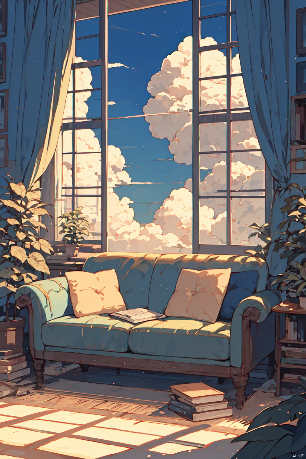  window, cloud, sky, no humans, couch, scenery, indoors, day, plant, blue sky, book, pillow, chair, table, curtains