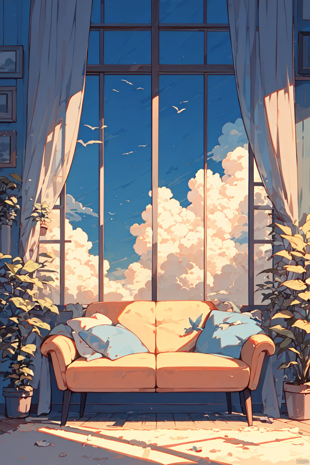 cloud, plant, sky, window, couch, no humans, indoors, day, potted plant, curtains, blue sky, scenery, bug, bird