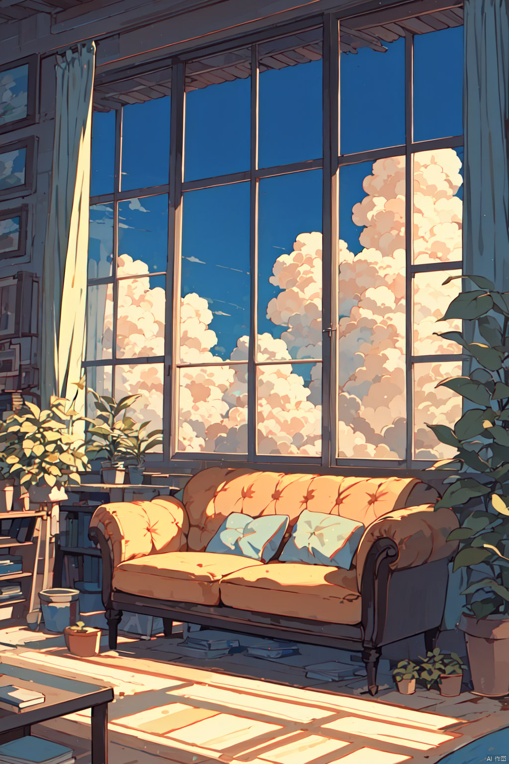  cloud, window, curtains, sky, no humans, plant, scenery, indoors, chair, couch, day, blue sky, book, potted plant, table, pillow, cloudy sky, lamp, painting \(object\), leaf, shelf, picture frame