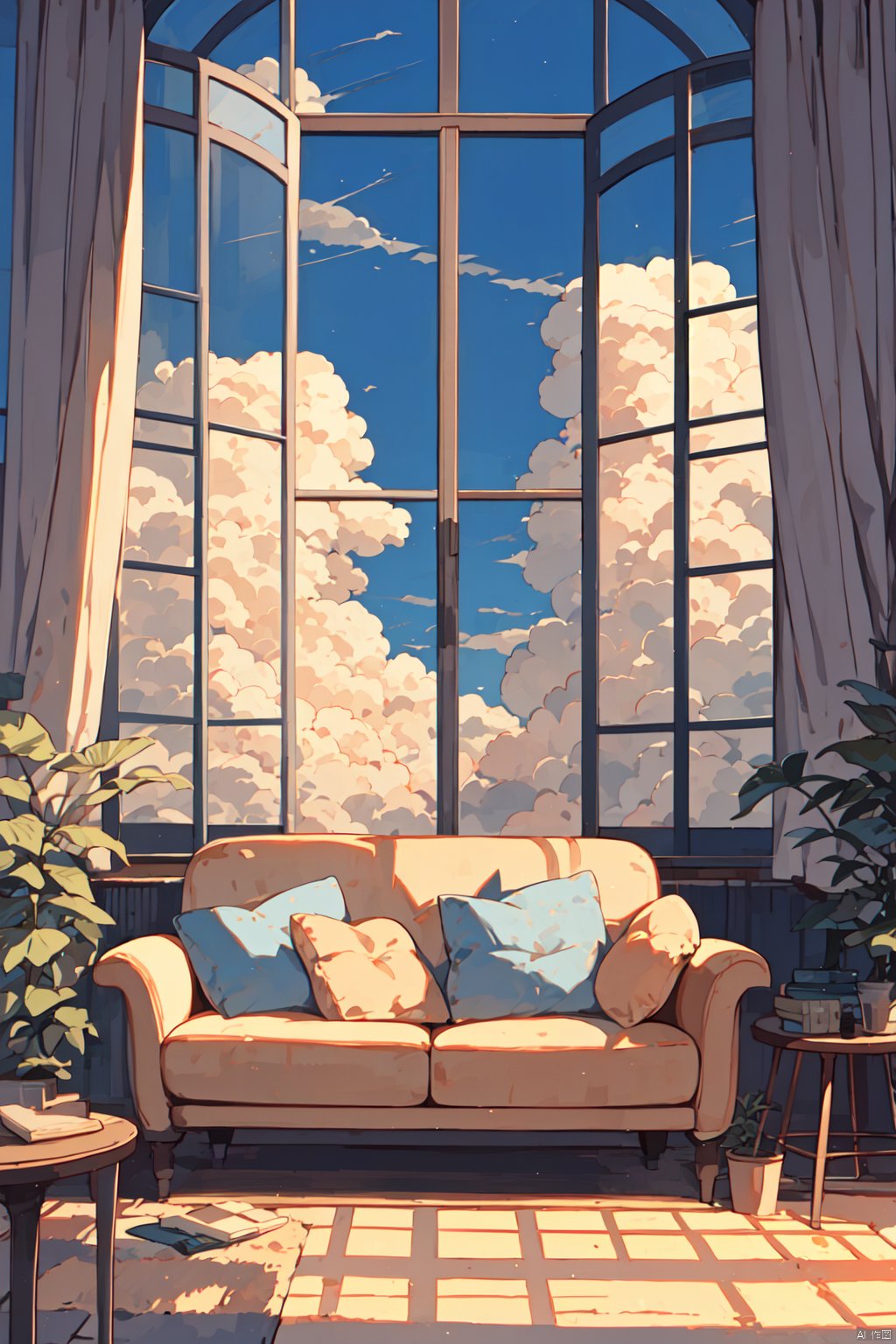  window, cloud, sky, no humans, couch, scenery, indoors, day, plant, blue sky, book, pillow, chair, table, curtains