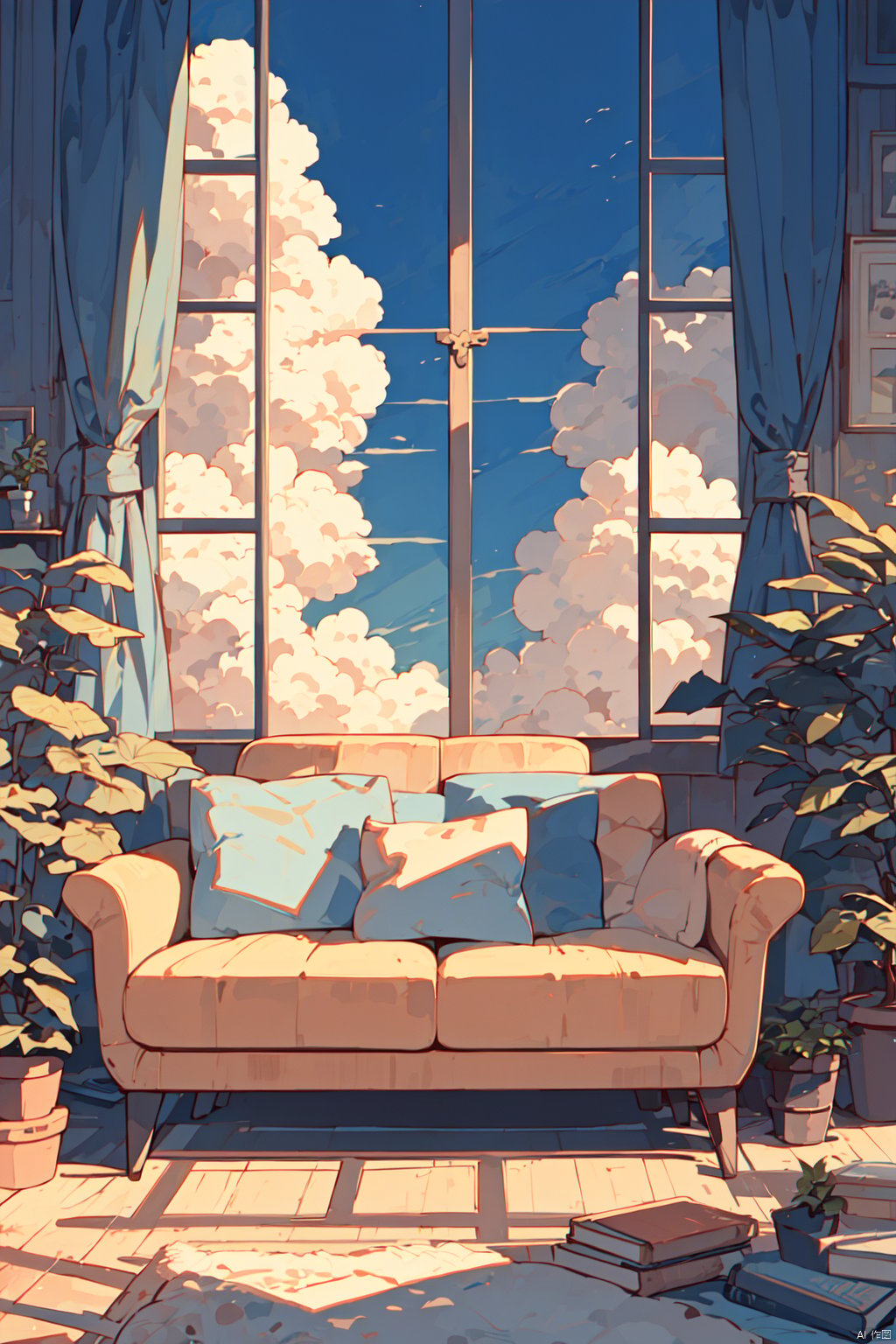  cloud, window, couch, sky, plant, indoors, scenery, no humans, day, curtains, potted plant, blue sky, pillow, table, cloudy sky, book