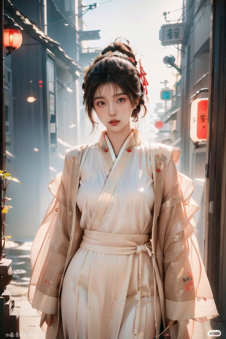 flat illustration of beautiful young Japanese woman weared in traditional Japanese_attire, messy hairstyle, background and drawning in Tim Berton style, close interweaving of realism and symbolism in cyberpunk style, pale neon lighting, dark shadows. aesthetic and beautiful picture, winner of various awards, trending on popular magazines, creative masterpiece, @imageized