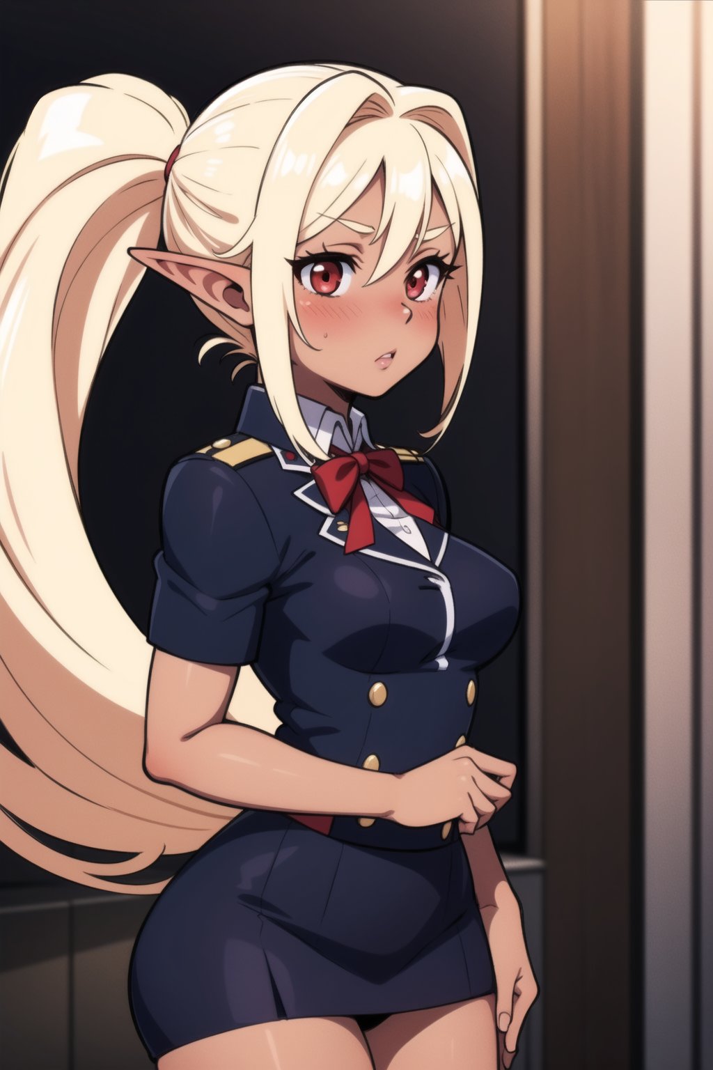 ,Kuroinu, ,Chloe, ponytail, blonde, dark skin, blush, shcool uniform, elf, red eyes,  medium_breasts