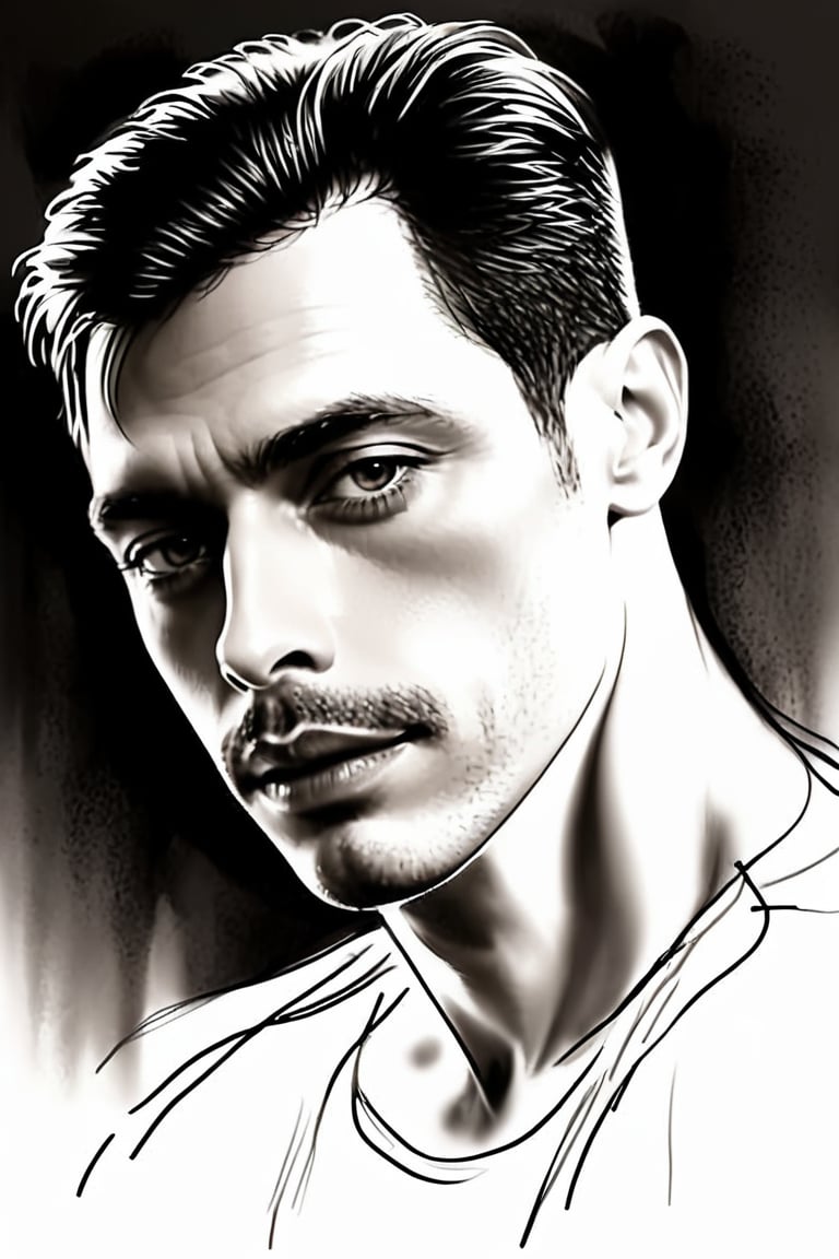 pencil Sketch of a masculineman 40 years old, dark short hair,  alluring, portrait by Charles Miano, ink drawing, illustrative art, soft lighting, detailed, more Flowing rhythm, gentleman, low contrast, add soft blur with thin line,  black eyes,wongapril