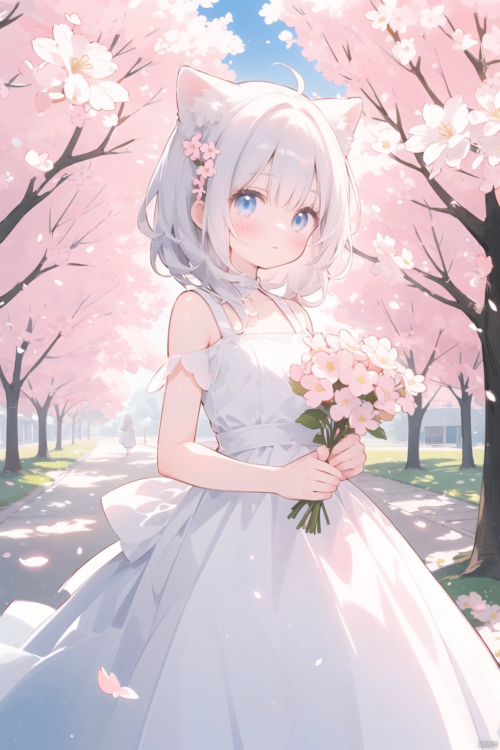  The image features a beautiful anime girl dressed in a flowing white and red dress, standing amidst a flurry of red cherry blossoms. The contrast between her white dress and the red flowers creates a striking visual effect. The lighting in the image is well-balanced, casting a warm glow on the girl and the surrounding flowers. The colors are vibrant and vivid, with the red cherry blossoms standing out against the white sky. The overall style of the image is dreamy and romantic, perfect for a piece of anime artwork. The quality of the image is excellent, with clear details and sharp focus. The girl's dress and the flowers are well-defined, and the background is evenly lit, without any harsh shadows or glare. From a technical standpoint, the image is well-composed, with the girl standing in the center of the frame, surrounded by the blossoms. The use of negative space in the background helps to draw the viewer's attention to the girl and the flowers. The cherry blossoms, often associated with transience and beauty, further reinforce this theme. The girl, lost in her thoughts, seems to be contemplating the fleeting nature of beauty and the passage of time. Overall, this is an impressive image that showcases the photographer's skill in capturing the essence of a scene, as well as their ability to create a compelling narrative through their art.catgirl,loli,catgirl,white hair,blue eyes,white dress,bare shoulders
