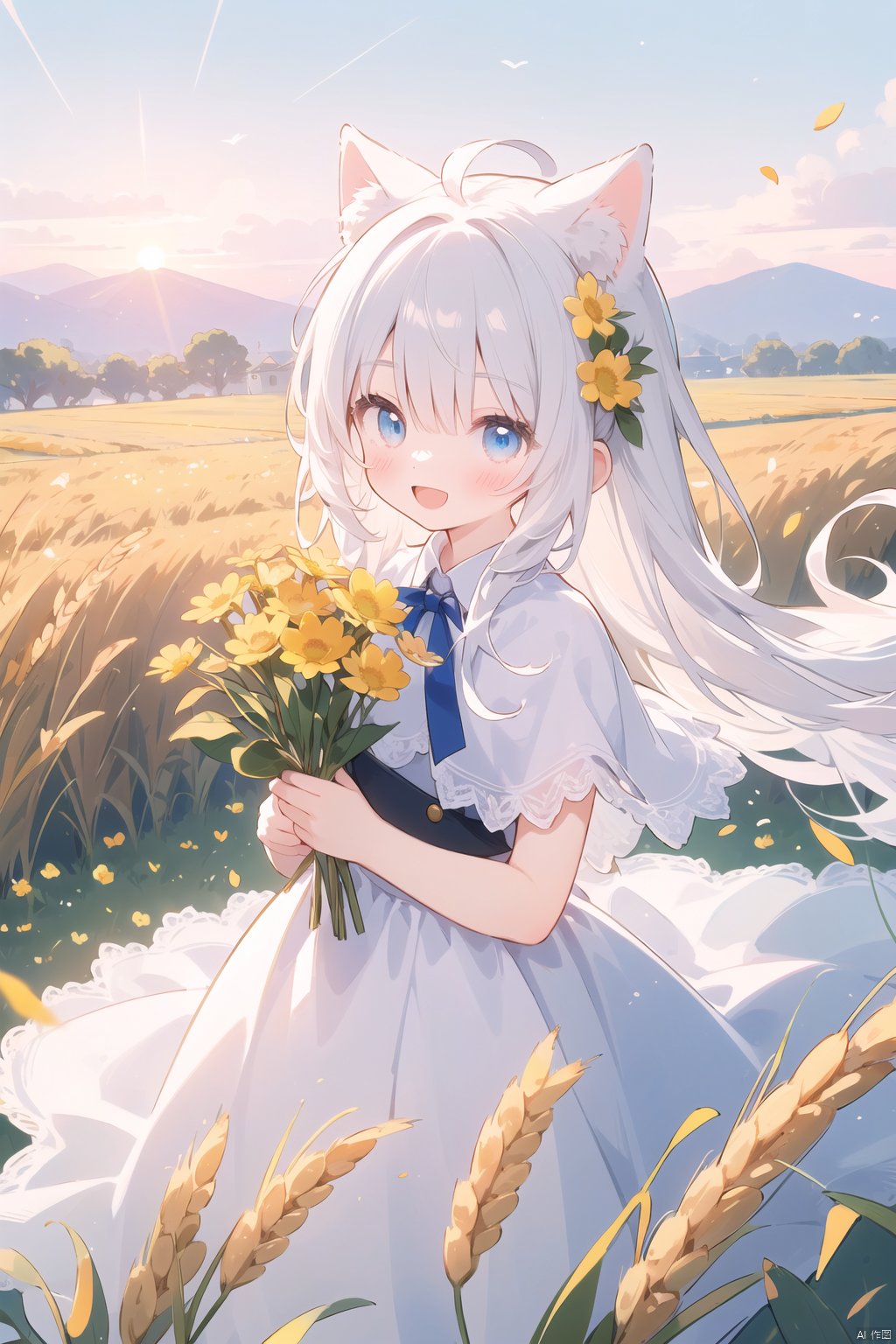  (drawn by Lynn Okamoto),center frame, sharp focus, (panorama, wide shot), best quality, masterpiece, extremely detailed, detailed background, (from above:1.2), 1girl, catgirl,solo,loli,blue eyes,white hair, closed one eye, smile, open mouth, skirt, long hair, wavy hair, on side, fluffy hair, , french , blush, smile, capelet, lace trim, bodice, sunset, long dress, dusk, scenery, gold sky, high place, horizon, wheat field, wheat ears, wind, wind blow, looking at viewer, (depth of field), bokeh, (holding a flower:1.3), (holding:1.2),(medium):0.5,