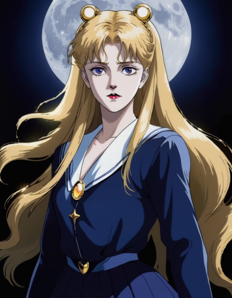 Sailor Moon, girl in sailor suit, detailed eyes, looking at viewer, (long flowing golden hair:1.2), chiaroscuro, indigo, dark background, full super moon, heavenly, mystical  <lora:xl_yoshiaki_kawajiri_v1r64:0.8> 