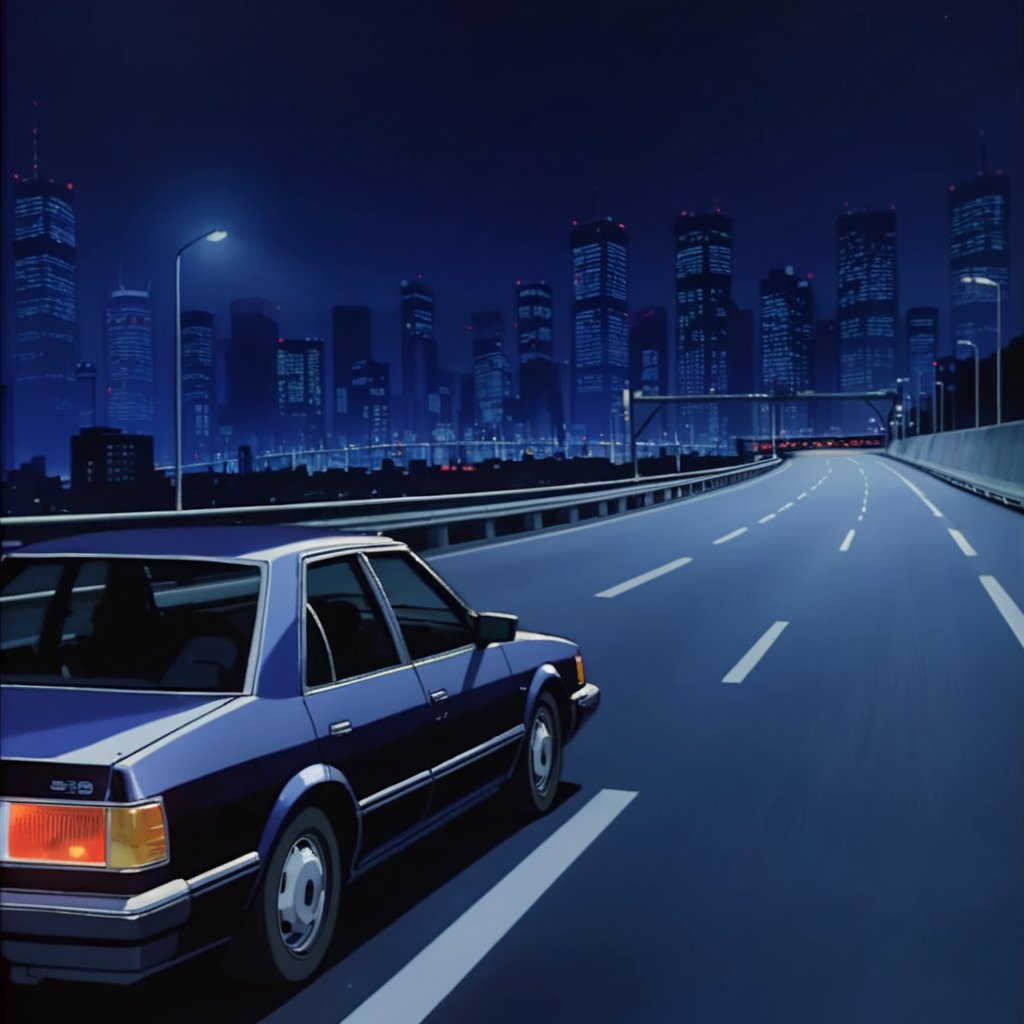 exterior sedan, empty highway at night, bright lights, shinjuku megacity background, 1980's, indigo wcitychiaroscuro atmospheric  <lora:xl_yoshiaki_kawajiri_v1r64:0.7> 
