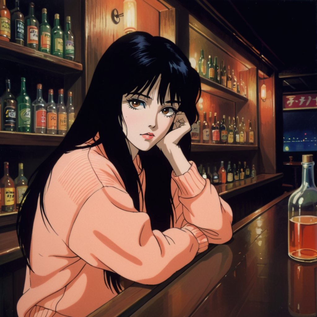 woman in peach oversized sweater, long black hair, detailed eyes, sitting at dark japanese bar, 1980's, bottles, warm wcity 1girl chiaroscuro atmospheric  <lora:xl_yoshiaki_kawajiri_v1r64:0.6> 