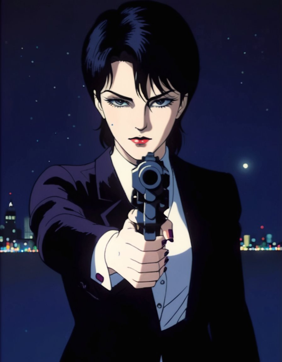 full frame, woman 1girl in suit, holding revolver, dark indigo background, dotted city lights in neutral background, chiaroscuro atmospheric <lora:xl_yoshiaki_kawajiri_v1r64:0.8>