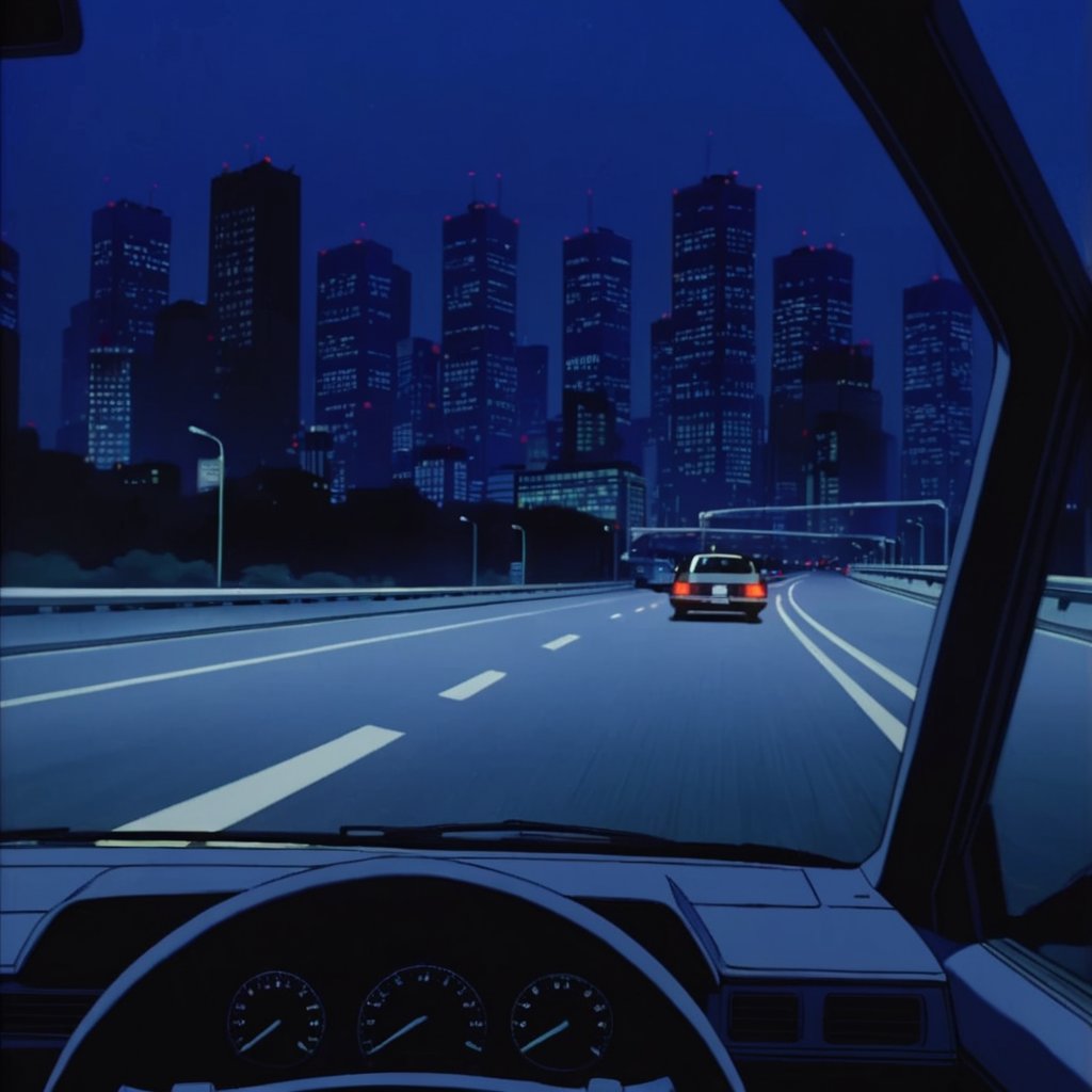 exterior, sedan driving on empty highway at night, shinjuku megacity background, 1980's, indigo wcitychiaroscuro atmospheric  <lora:xl_yoshiaki_kawajiri_v1r64:0.7> 