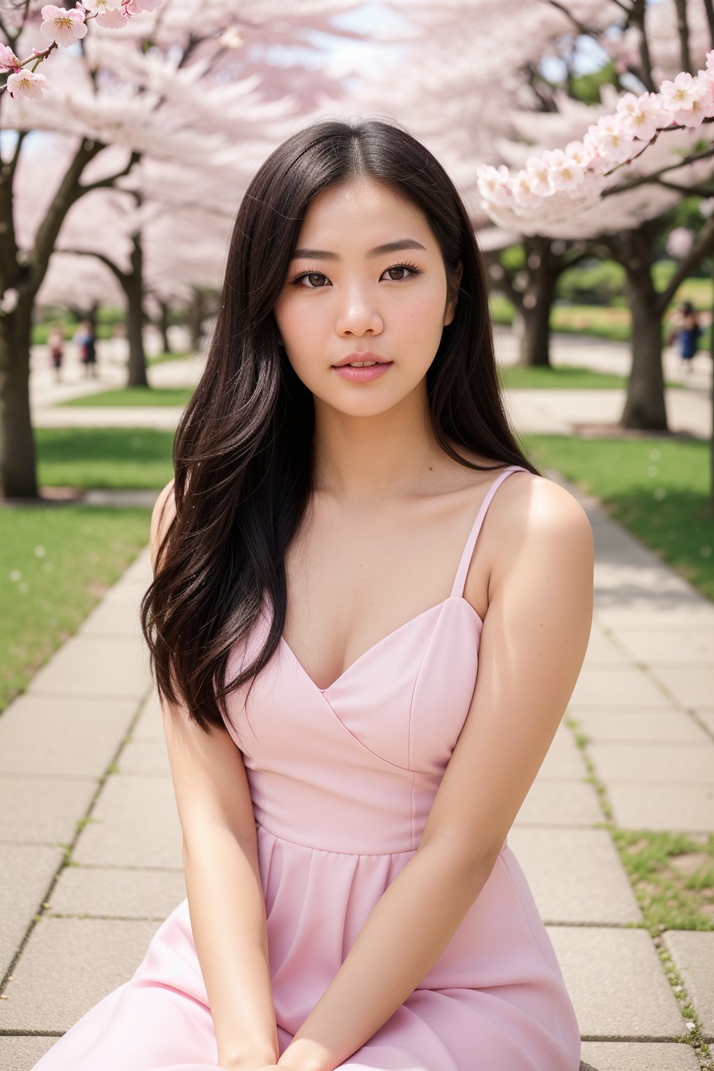 photo, realistic:1.3, film grain, RAW, (cinematic:1.2),(portrait), head shot,  detailed skin features, 1 Thaigirl  thgirl, long  hair , hair bang ,tie hair ,
pink dress flower detail ,holding pink cherry blossoms, (cherry blossoms on background:1.2),
look at viewer, fashion photography, 
sitting by cherry blossoms garden  , ((bokeh)),
rim light , dynamic shadow ,