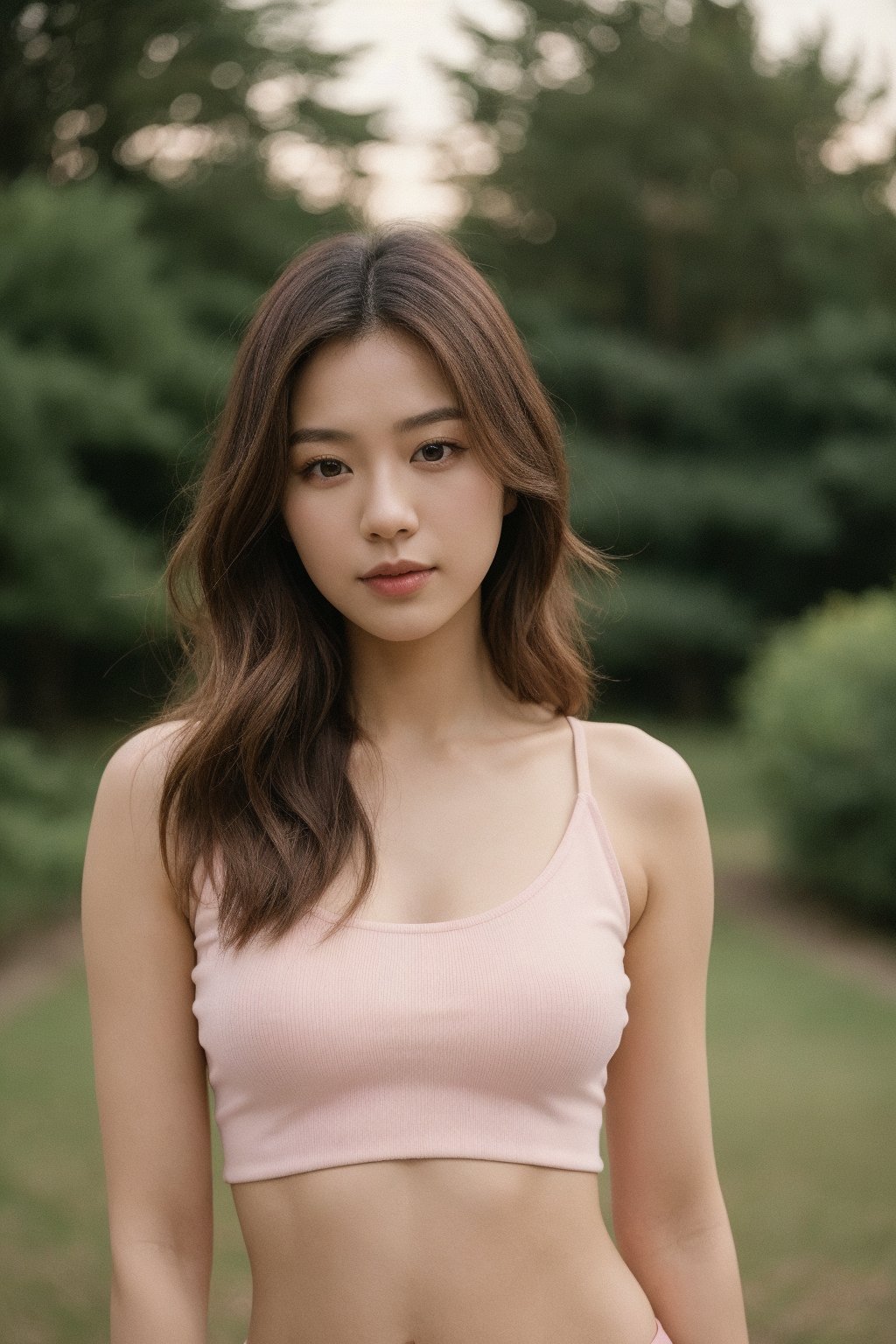 (8k , masterpiece,best ,quility) , UHD ,hight skindetail , Fuji GFX 100s 60mm f1.2 , richcolour kodak portra 400 ,(portrait),1 Korean girl , long  hair ,  tight short  , white crop-top bare navel ,  cinematic  light , pink bacnground, look at viewer,