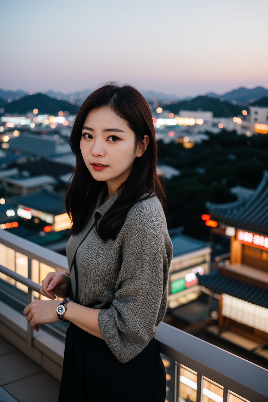 1 woman , standing by balcony on rooftop in Gamcheon Culture Village Korea , cinematic light , ((bokeh)), rim light , bokeh [in foreground: :0.5] [in background: 1],
clear sky , blur background ,(( night time))
open background , wide bachground , Gamcheon Culture Village Korea city scape view from above background ,