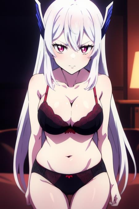 <lora:Kyouka Uzen:0.7> kyouka uzen, long_hair, 1girl, solo, white_hair, red_eyes, hair_between_eyes, large_breasts,      looking at viewer,    cleavage,  bare_shoulders, underwear, collarbone, bra, black_bra,  red_bra, black_panties, best_quality, highres, extremely_detailed, anime perfect detailed style, 8k, masterpiece, anime art style, anime coloring,