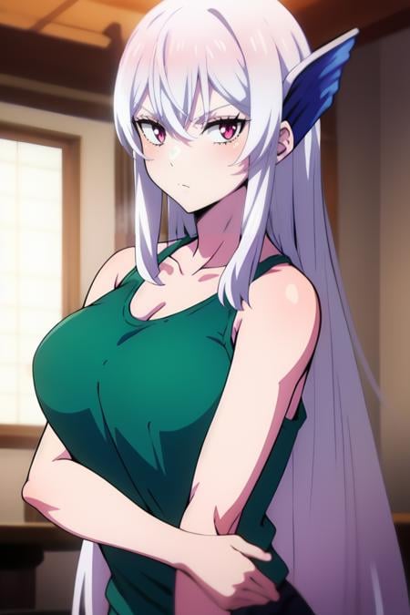 <lora:Kyouka Uzen:0.7> kyouka uzen, long_hair, 1girl, solo, white_hair, red_eyes, hair_between_eyes, large_breasts,    green tank_top, t-shirt, shorts,  looking at viewer, best_quality, highres, extremely_detailed, anime perfect detailed style, 8k, masterpiece, anime art style, anime coloring,